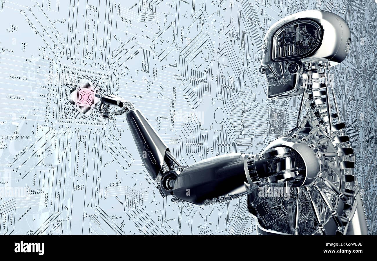 humanoide Roboter klicken auf Computer im Netzwerk, 3d illustration Stockfoto