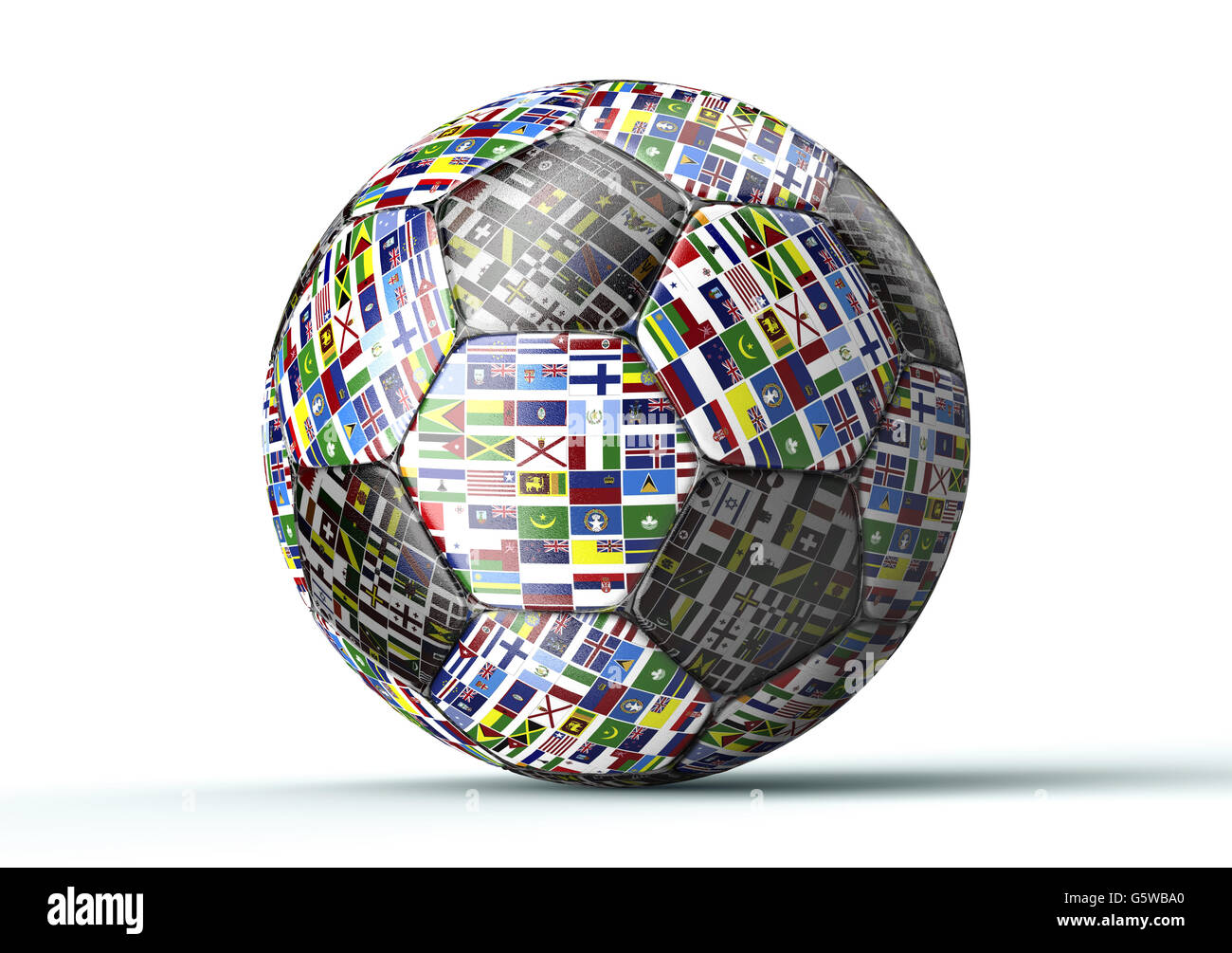 Fußball mit allen Flaggen der Welt isoliert auf weiss, 3d Illustration Stockfoto