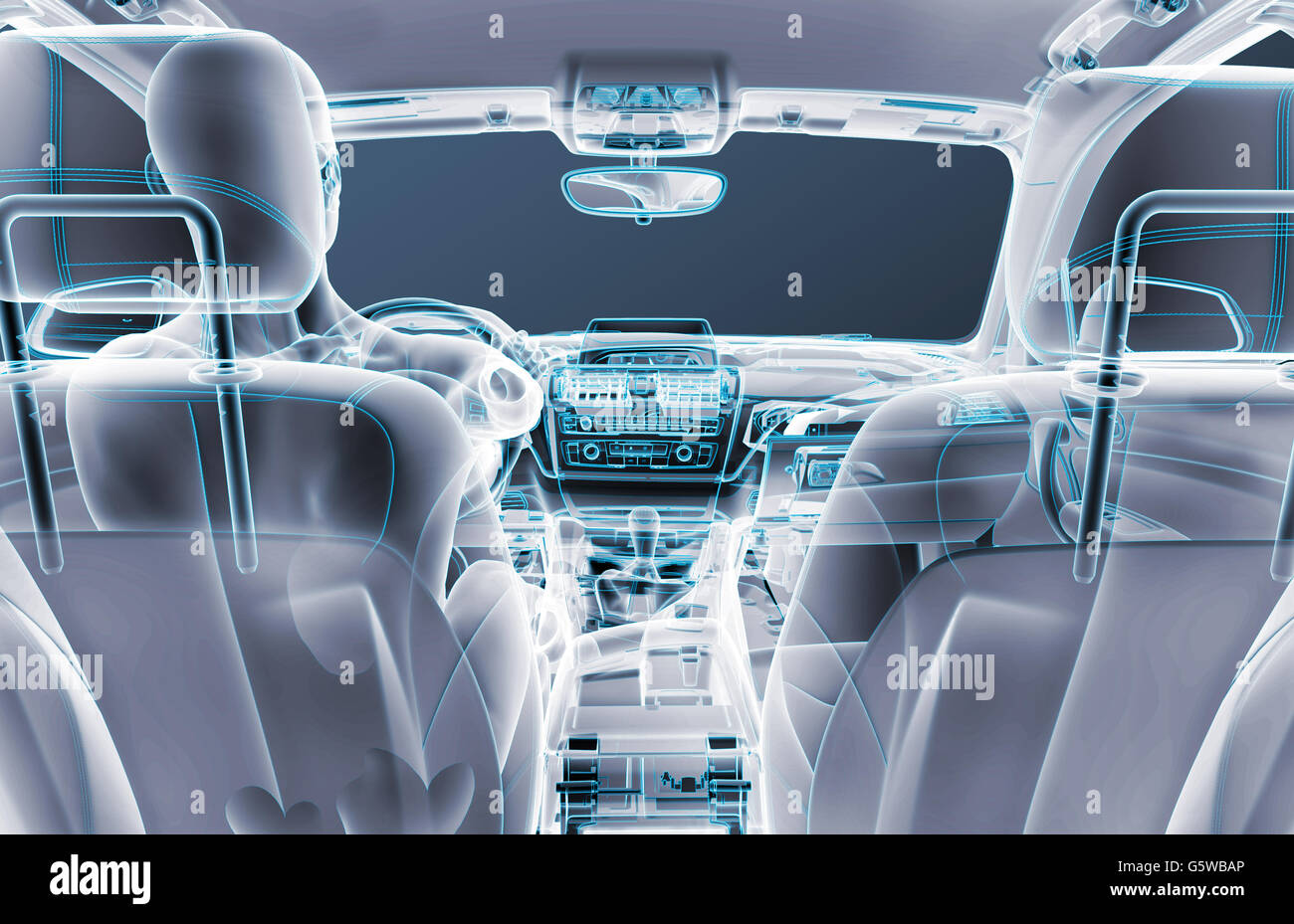 Röntgenaufnahme eines Autos mit Testfahrer, 3d illustration Stockfoto