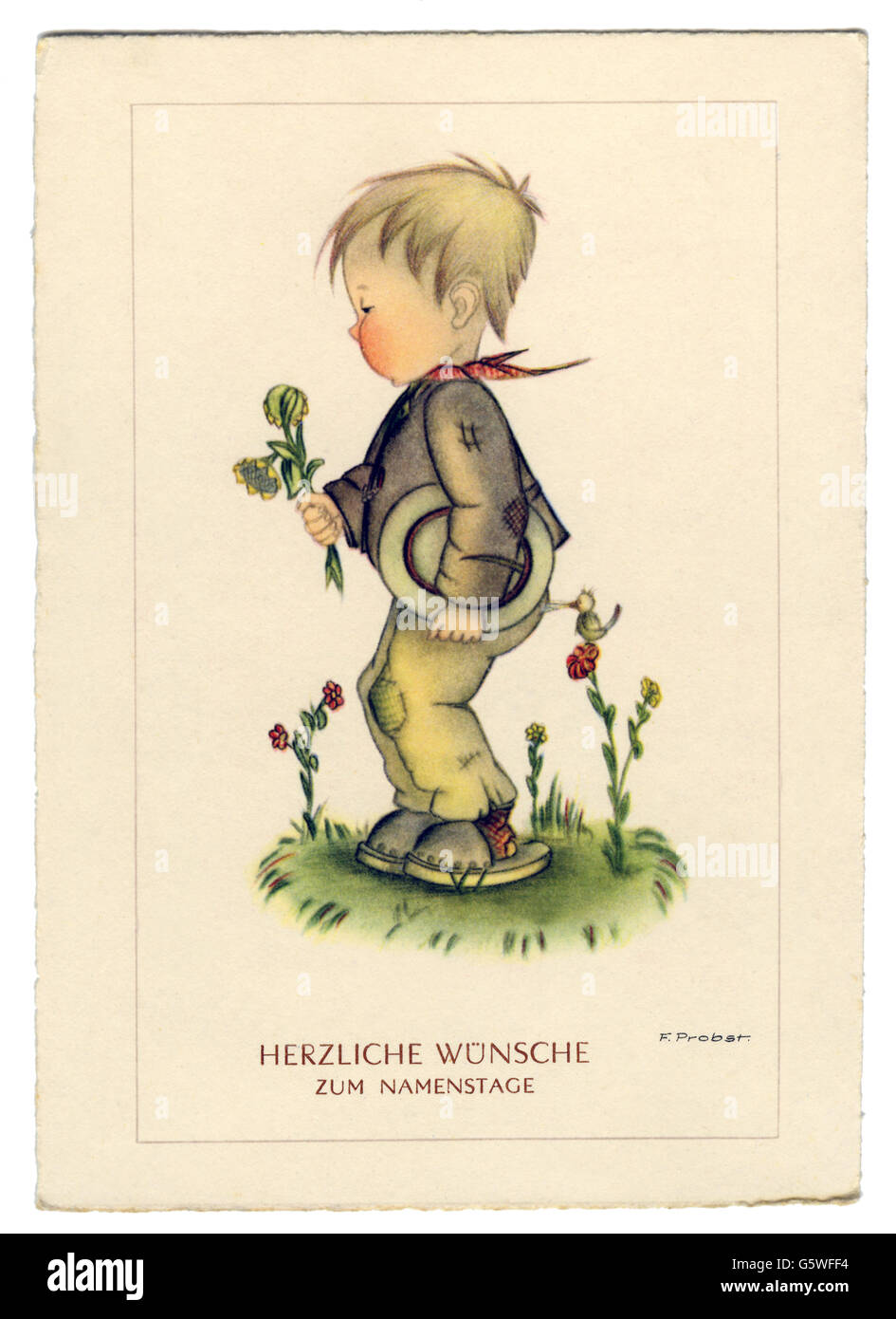 Festlichkeiten, Grußkarten Namenstag, 'Herzliche Wünsche zum Namenstage',  kleiner Junge, Zeichnung, von F.Probst, Postkarte, Druck: Haering & Co.,  1930er/1940er Jahre, Zusatz-Rechteklärung-nicht vorhanden Stockfotografie -  Alamy