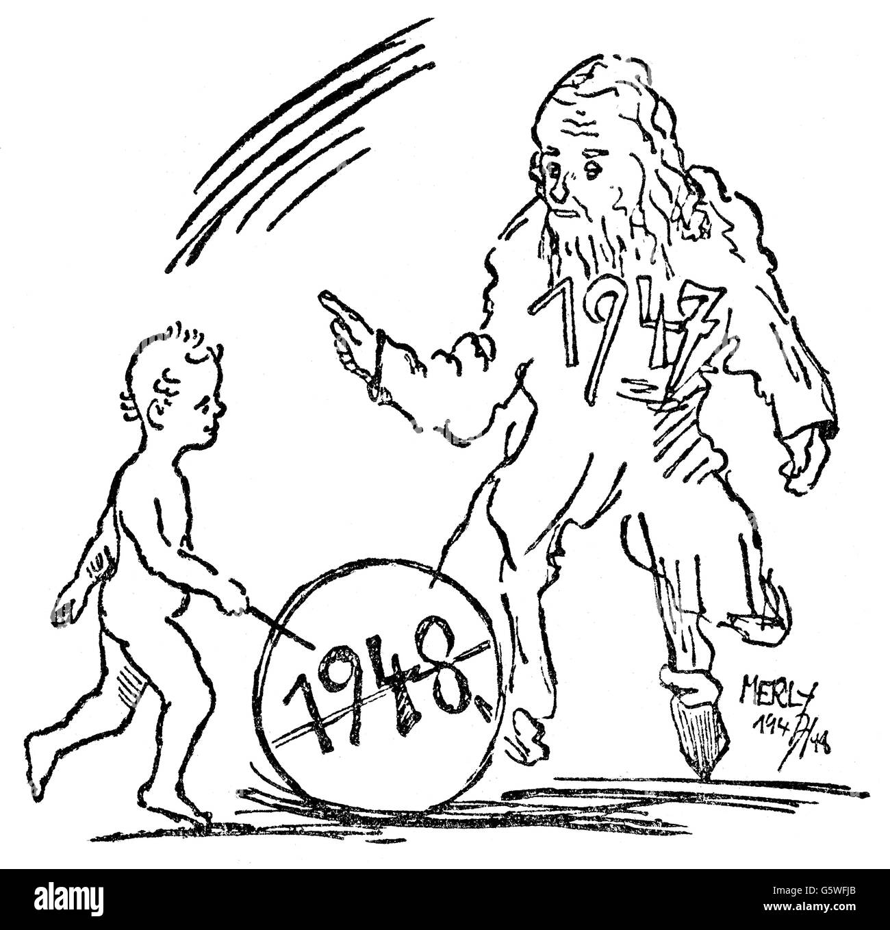 Festlichkeiten, Silvester, 'das alte Jahr zum Neuen', '1947' mit Ratschlägen zu '1948', Zeichnung, 1947, Zusatzrechte-Clearenzen-nicht vorhanden Stockfoto