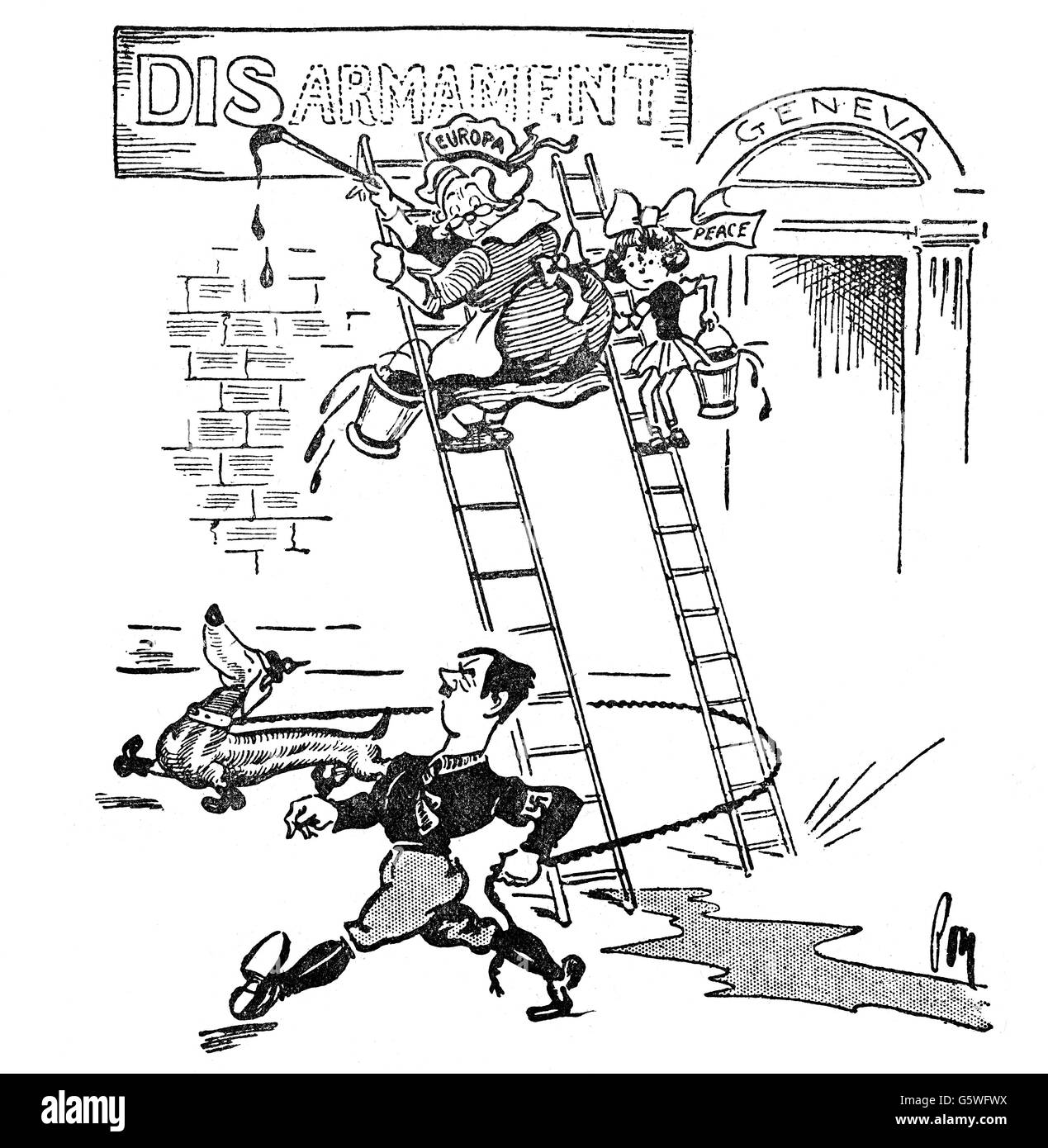 Hitler, Adolf, 20.4.1889 - 30.4.1945, deutscher Politiker (NSDAP), Reichskanzler 30.1.1933 - 30.4.1945, Karikatur, Hitler gefährdet Europa und Frieden, Zeichnung, "Daily Mail", London, 14.5.1933, Stockfoto