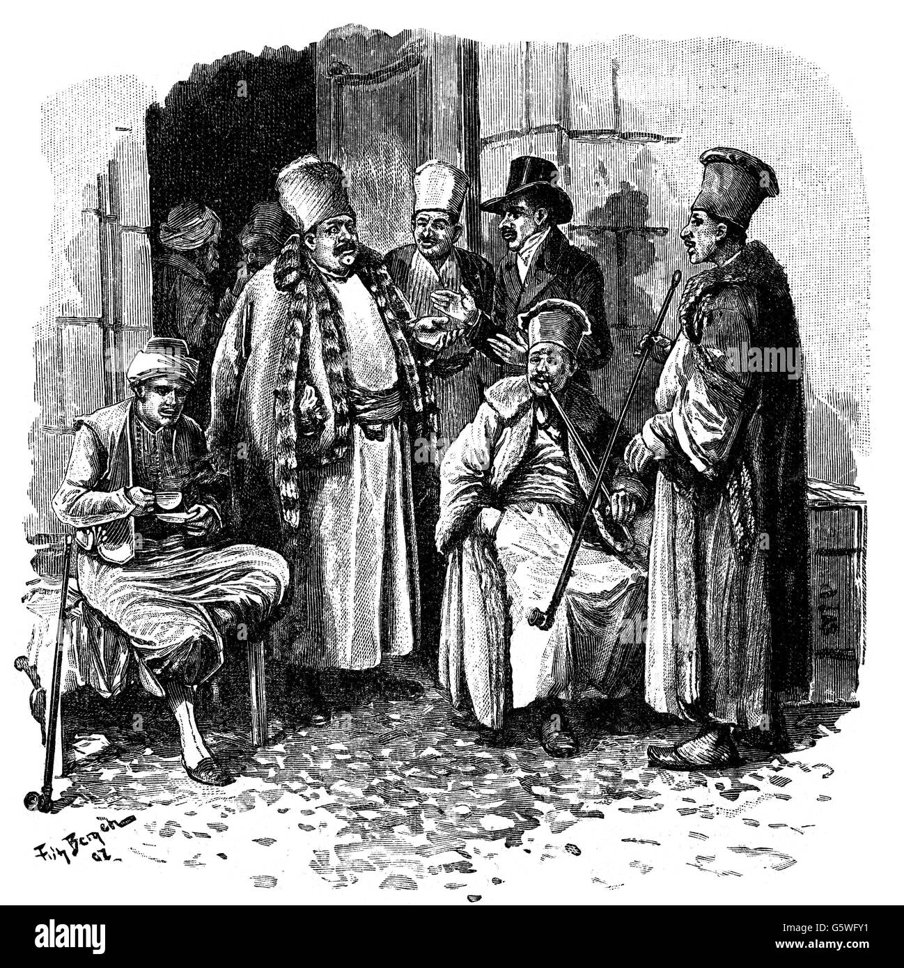 Handel, Messen, Griechen und Türken an der Katharinenstraße während der Leipziger Messe, 1797, von Fritz Bergen (1857 - 1941), Holzstich, aus: 'Die Gartenlaube', Nummer 26, Leipzig, 1897, Zusatz-Rechteklärung-nicht vorhanden Stockfoto