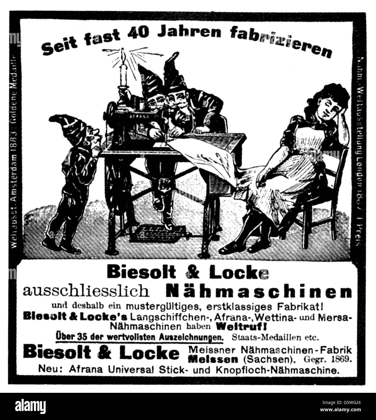 Werbung, Haushaltsgeräte / Haushaltswaren, Werbung für Nähmaschinen von  Biesolt & Locke, Meißen, um 1900, Zusatz-Rechte-Clearences-nicht vorhanden  Stockfotografie - Alamy
