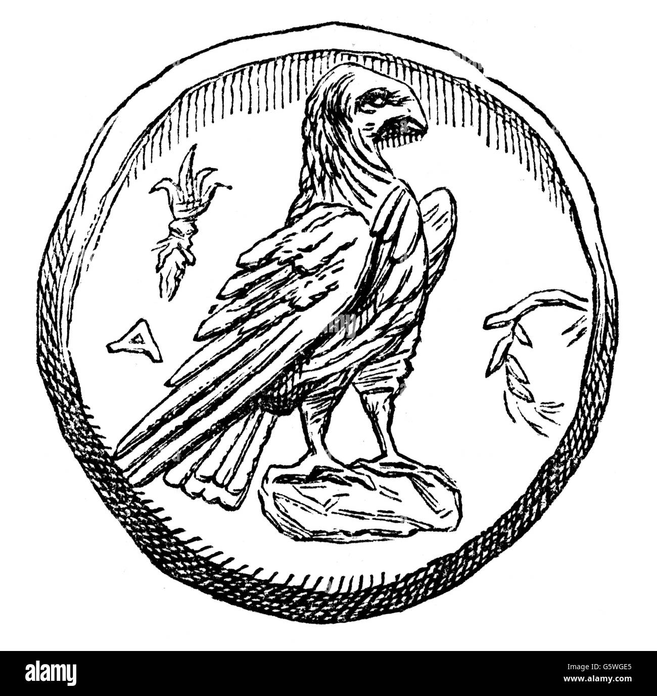 Geld / Finanzen, Münzen, Antike Welt, Griechenland, Münzen, Rückseite, Zeus-Adler, Elis, Holzstich, aus: 'Le Magasin Pittoresque', Paris, 1865, Additional-Rights-Clearences-not available Stockfoto