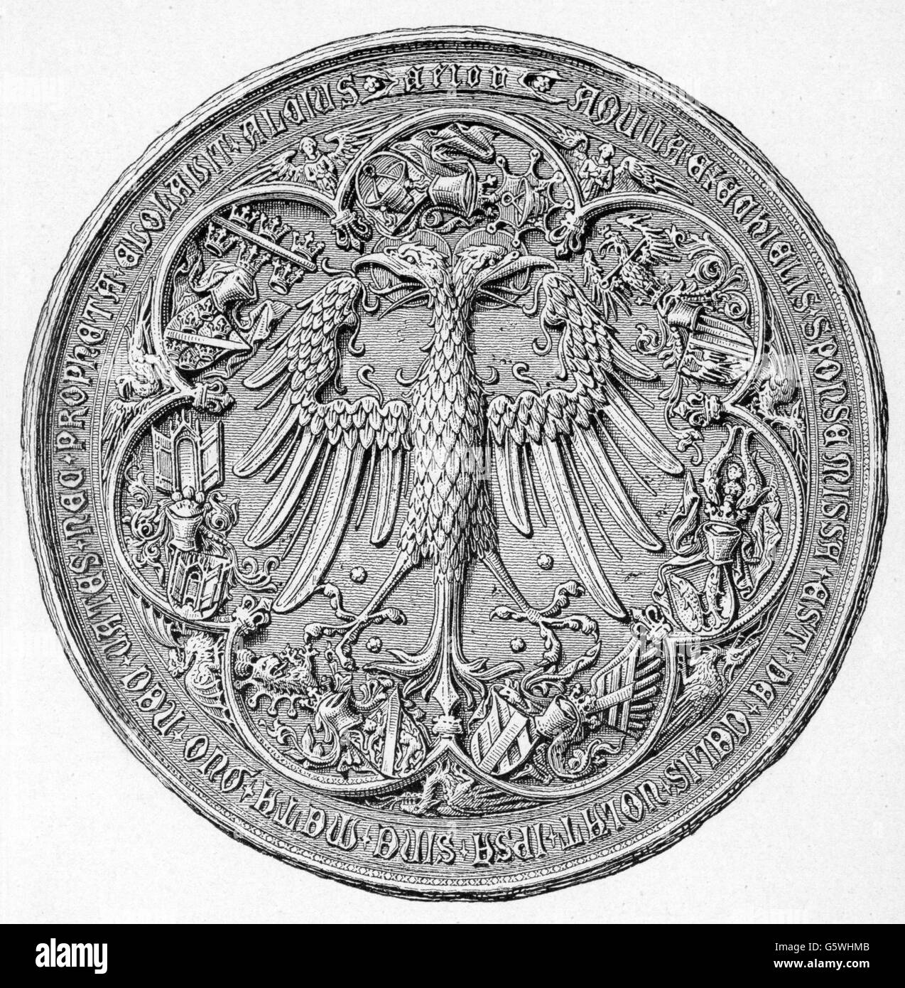 Heraldik, Siegel, Deutschland, Siegel von Kaiser Friedrich III., 1452 - 1493, Rückseite, Holzgravur, 19. Jahrhundert, Stockfoto
