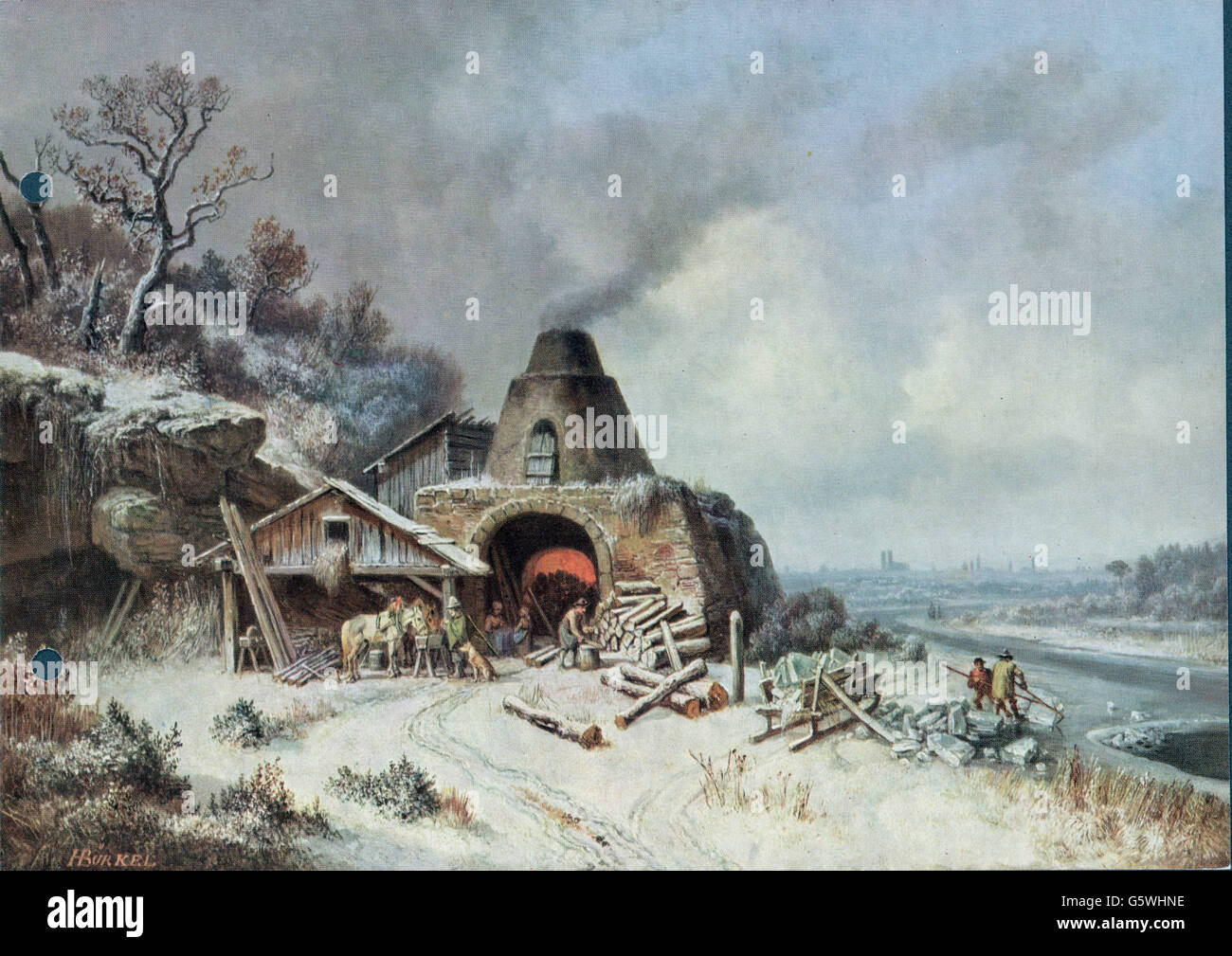 Industrie, Kalk-Produktion, Kalkofen in Grosshesselohe, Druck nach Malerei von Heinrich Bürkel, um 1865, Zusatz-Rechteklärung-nicht vorhanden Stockfoto