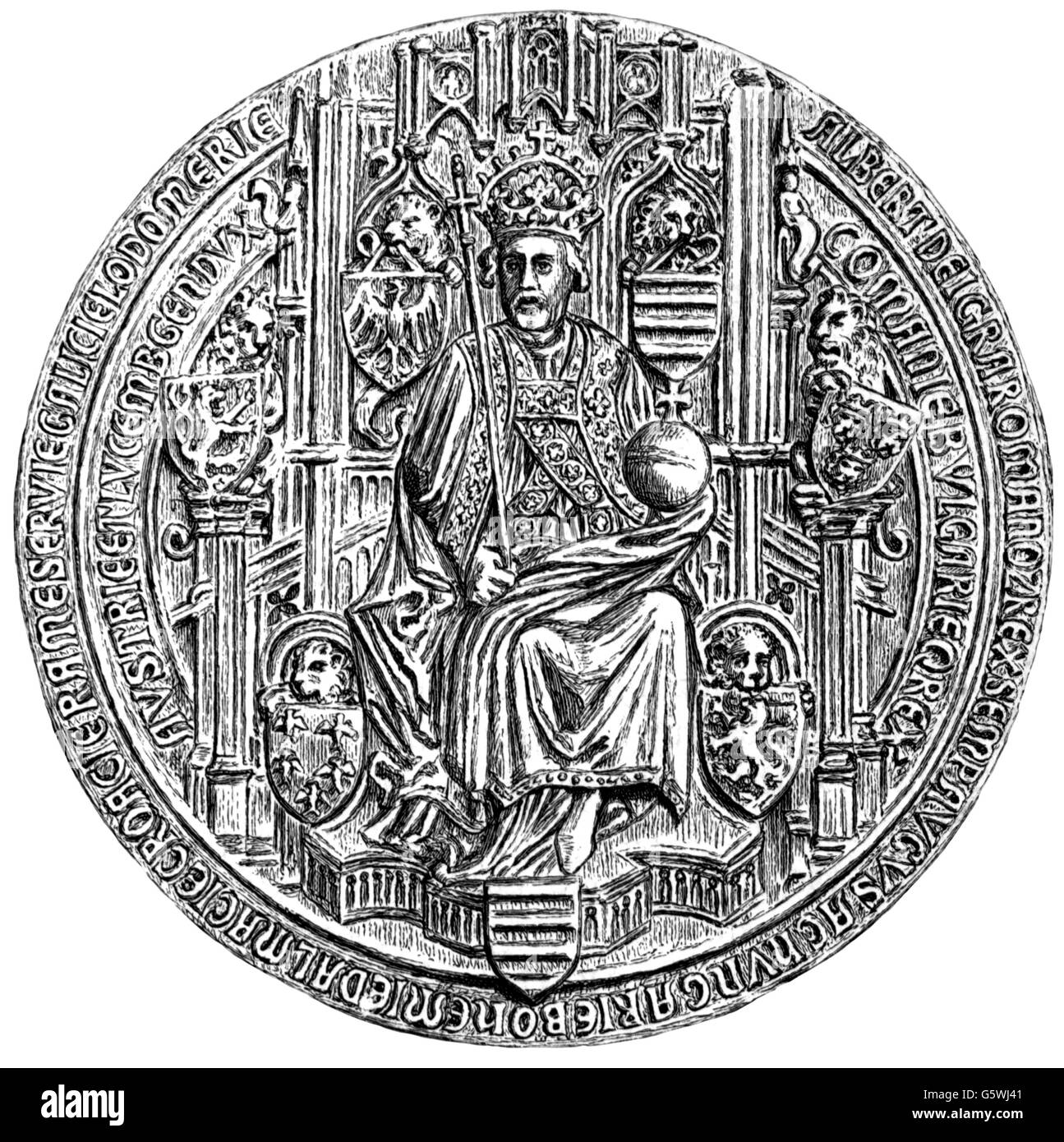 Albert II., 16.8.1397 - 27.10.1439, deutscher König 18.3.1438 - 27.10.1439, volle Länge, Siegel, 1438, Holzgravur, 19. Jahrhundert, Stockfoto
