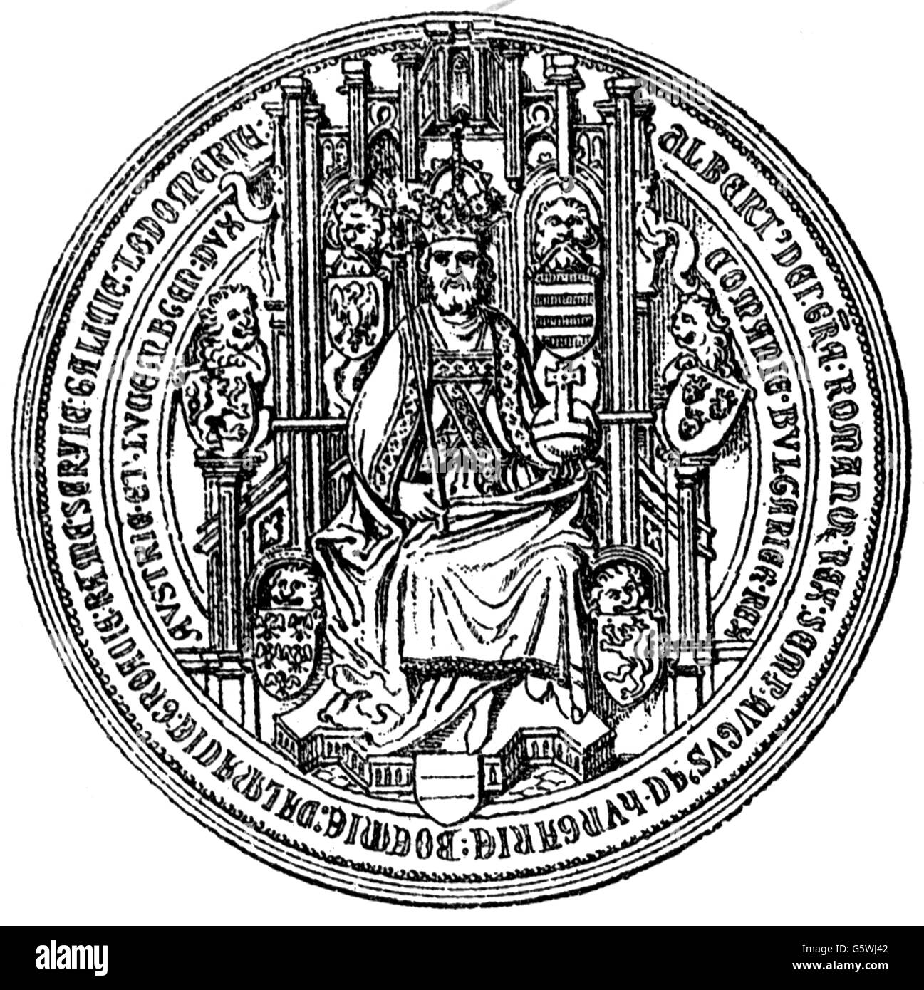Albert II., 16.8.1397 - 27.10.1439, deutscher König 18.3.1438 - 27.10.1439, volle Länge, Siegel, 1438, Holzgravur, 19. Jahrhundert, Stockfoto