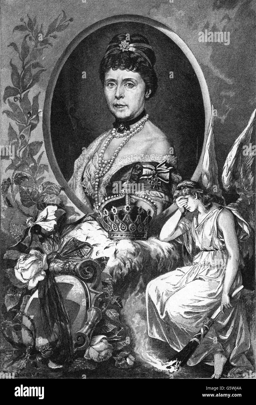 Augusta Marie, 30.9.11.11 - 7.1.1890, deutsche Kaiserin 18.1.1871 - 9.3.1888, Porträt, Allegorie auf ihren Tod, Holzgravur, 'Die Gartenlaube', 1890, Stockfoto