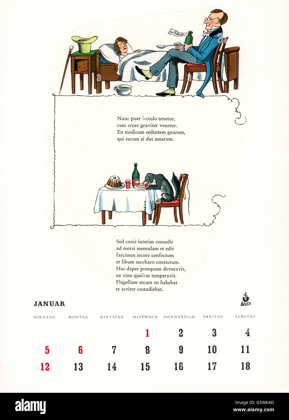Literatur, 'der Struwwelpeter', die Geschichte Bad Friedrichs, von Heinrich Hoffmann (1809 - 1894), 1845, Kalenderblatt mit lateinischem Text, 20. Jahrhundert, Zusatzrechte-Clearences-nicht vorhanden Stockfoto