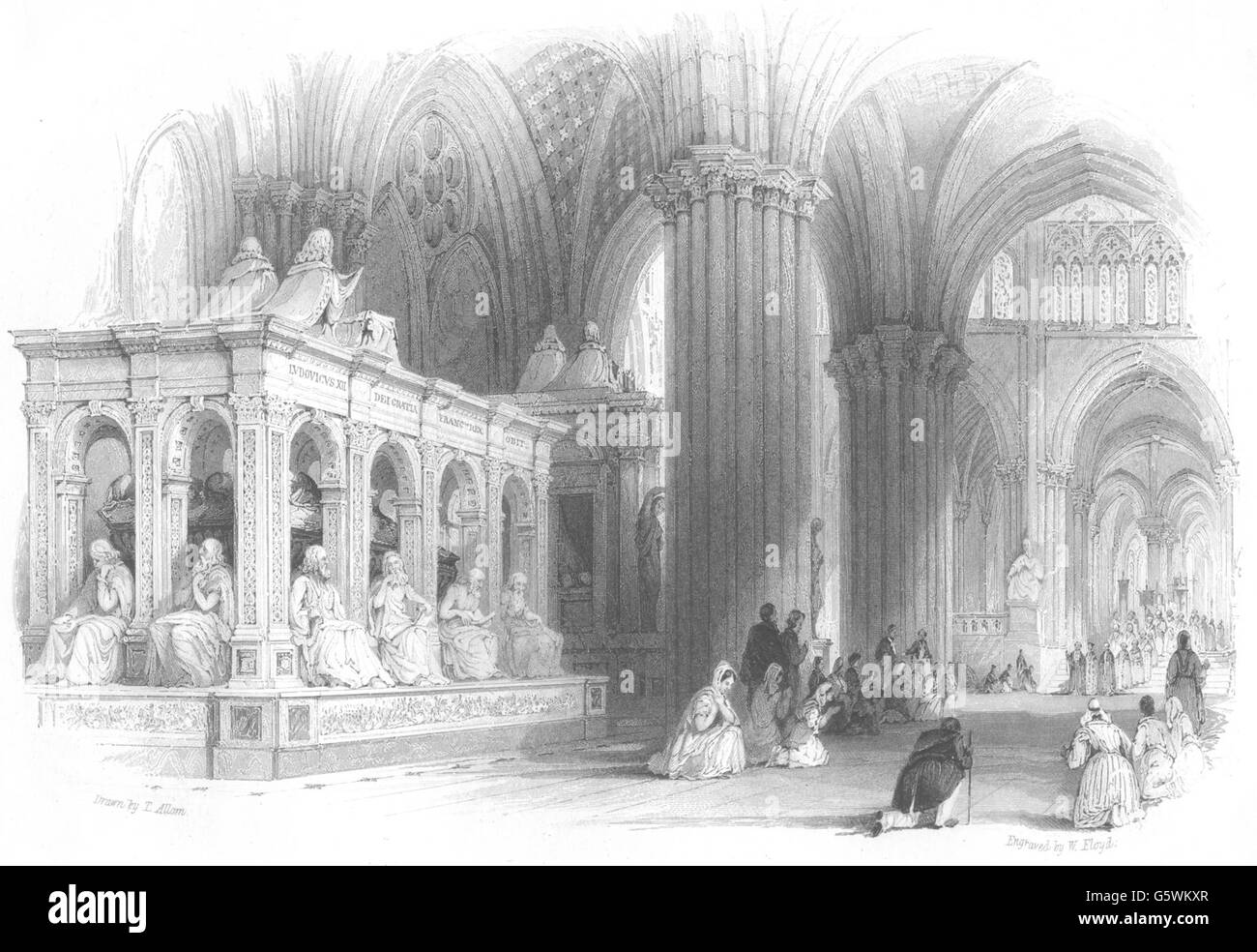 PARIS: Die Abtei Kirche von St. Denis Grab von Ludwig XII. Allom, alte print 1845 Stockfoto