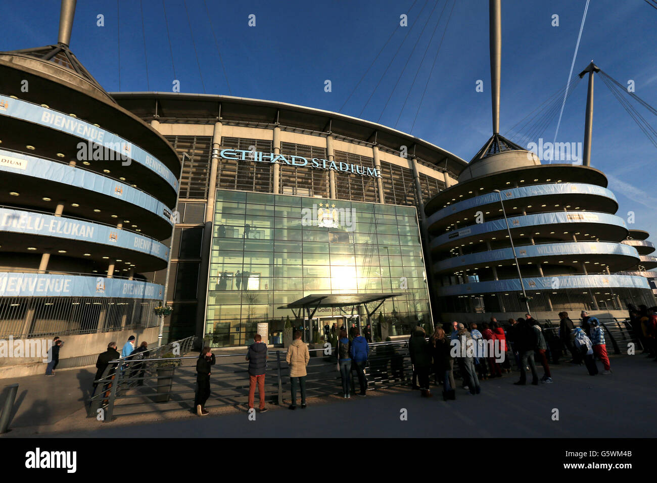 Ein allgemeiner Blick auf das Äußere des Etihad Stadium, Heimstadion von Manchester City Stockfoto