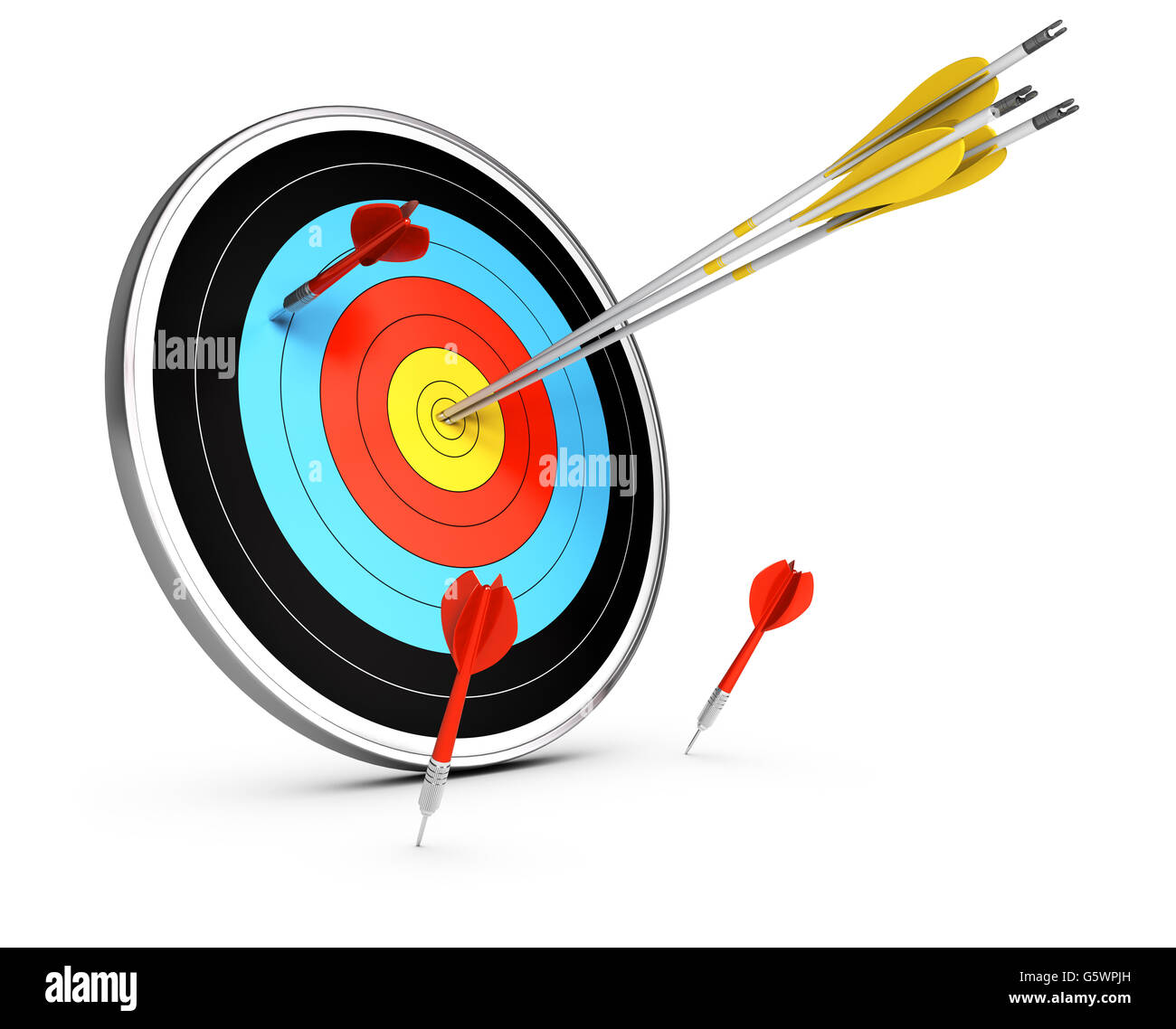 3D Darstellung der drei Pfeile auf der Mitte eines Ziels sowie drei Darts im um das Ziel zu erreichen. Konzeptbild Stockfoto