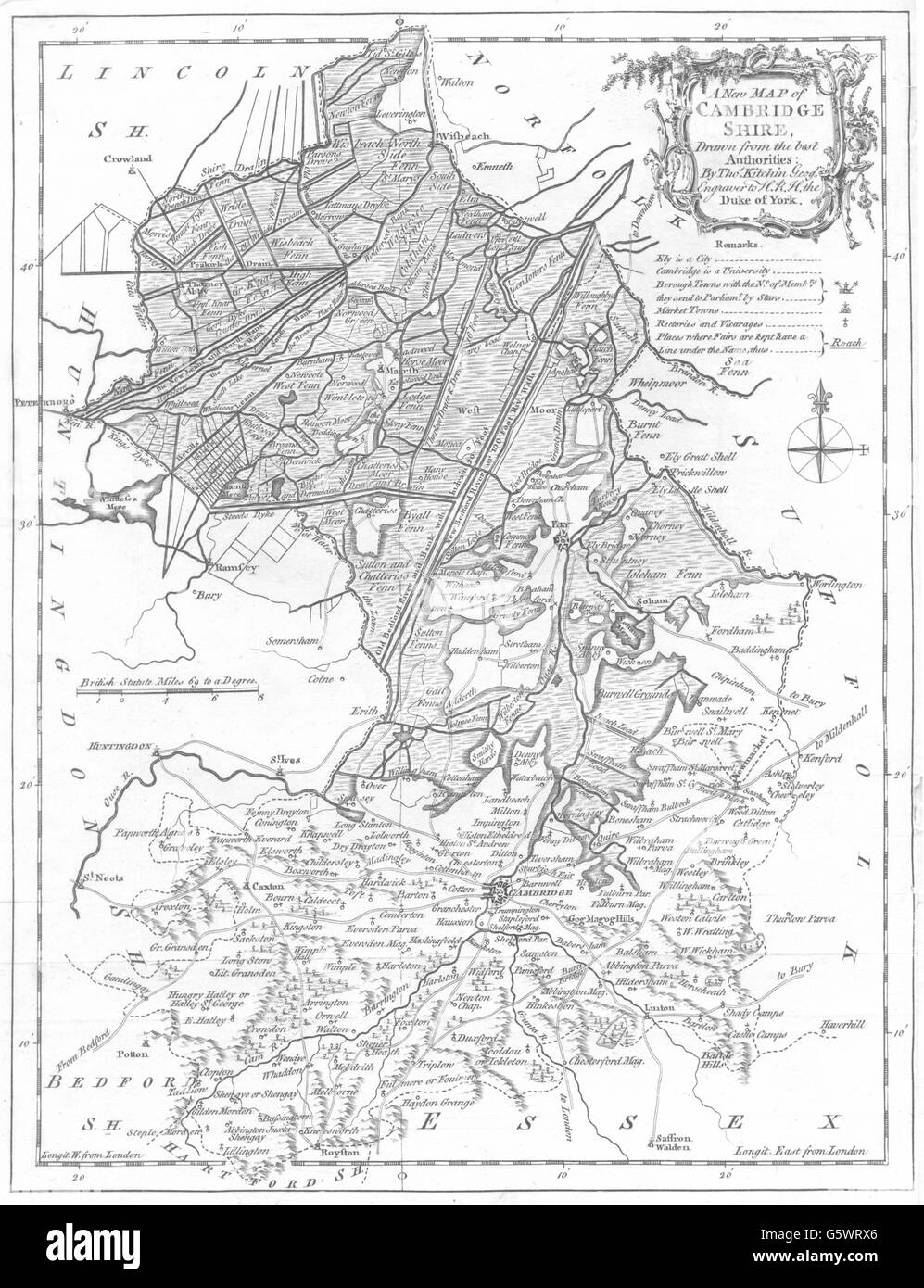 CAMBRIDGESHIRE: Thomas Kitchin. Kartusche. Landkreis Karte, 1764 Stockfoto