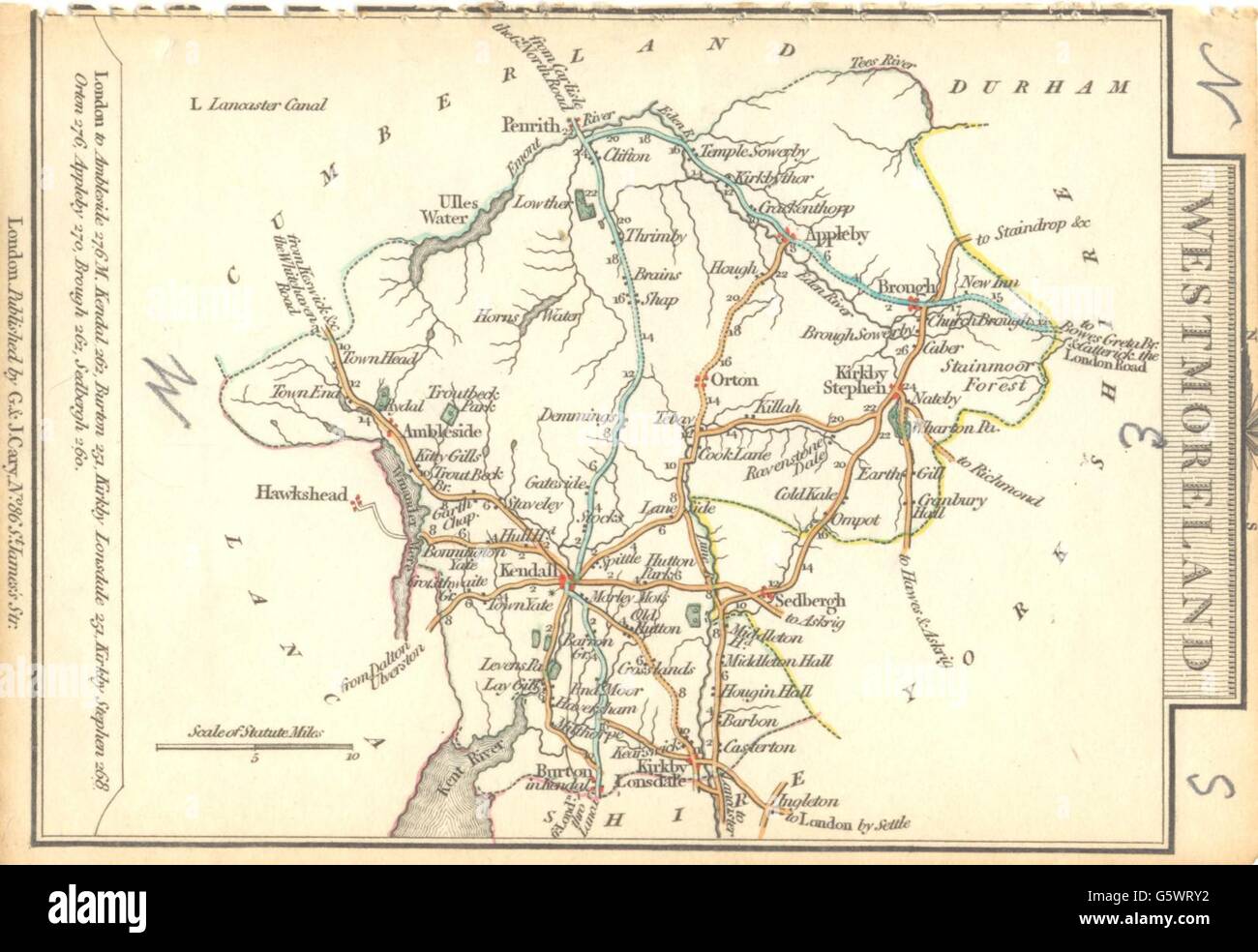 WESTMORLAND: Cary: Miniatur: Umriss Farbe, 1810 Antike Landkarte Stockfoto