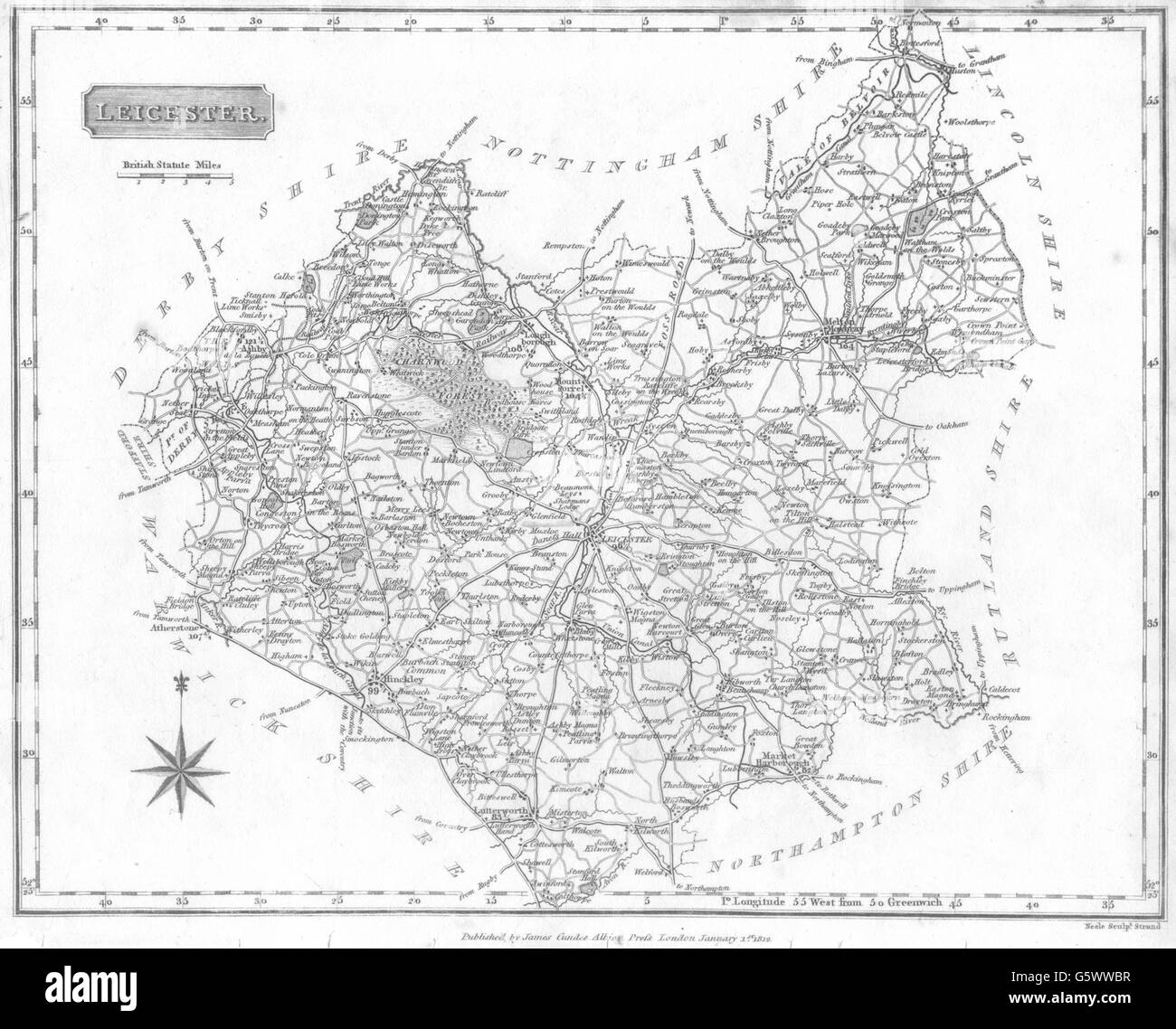 LEICESTERSHIRE: Leics Neele: Titel geschlüpft. Kompass. MFE: Leicester, 1812 Karte Stockfoto