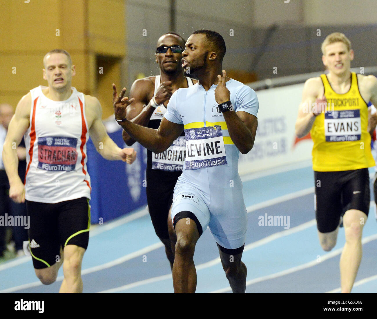 Nigel Levine zeigt sich beim Gewinn des 400-m-Events für Männer am zweiten Tag der European Trials & UK Championships am English Institute of Sport in Sheffield. Stockfoto