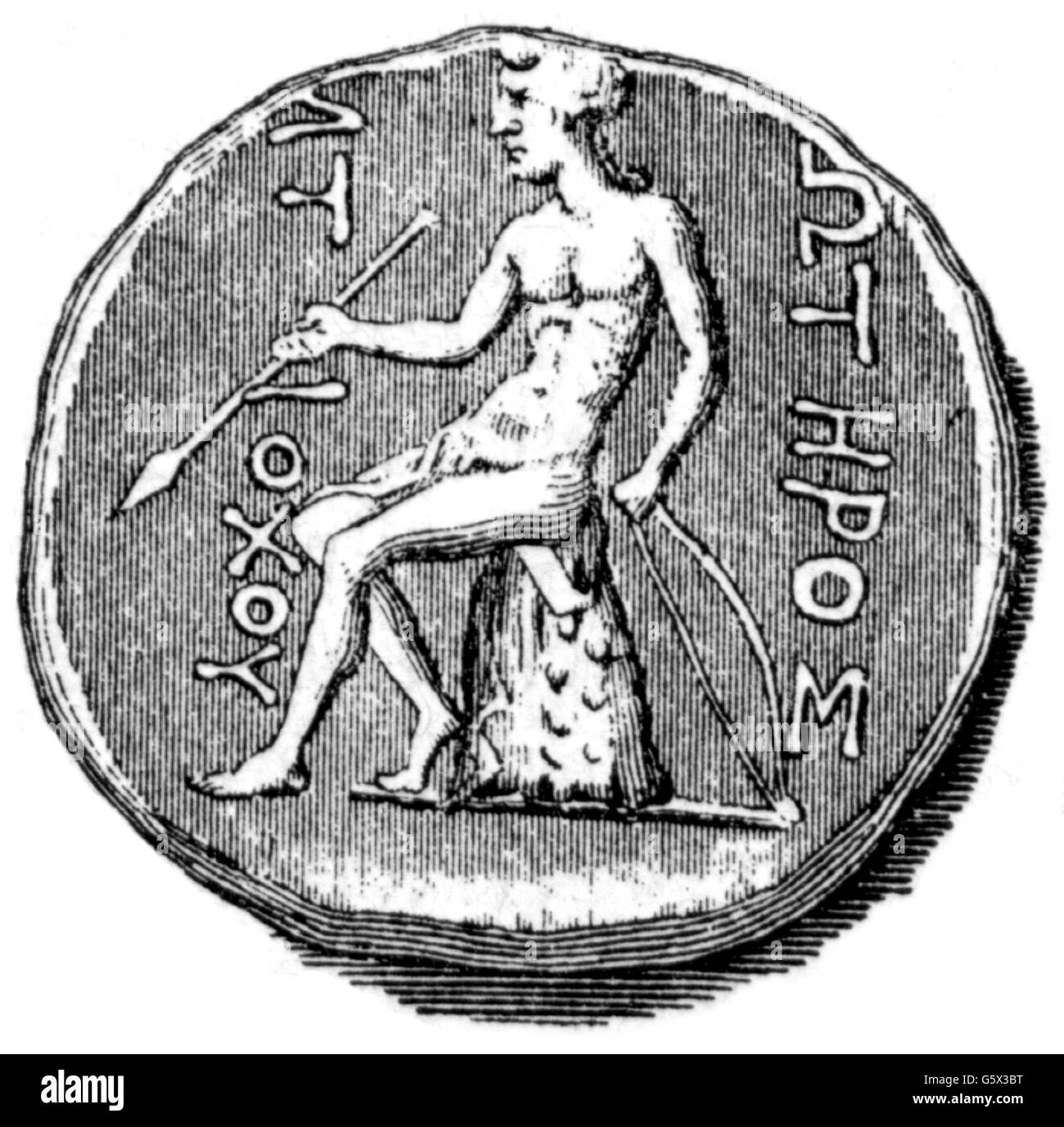 Apollo, griechische Gottheit, volle Länge, auf dem Omphalos sitzend, Rückseite einer Seleukidenmünze, ca. 200 v. Chr., Holzgravur, 19. Jahrhundert, Stockfoto
