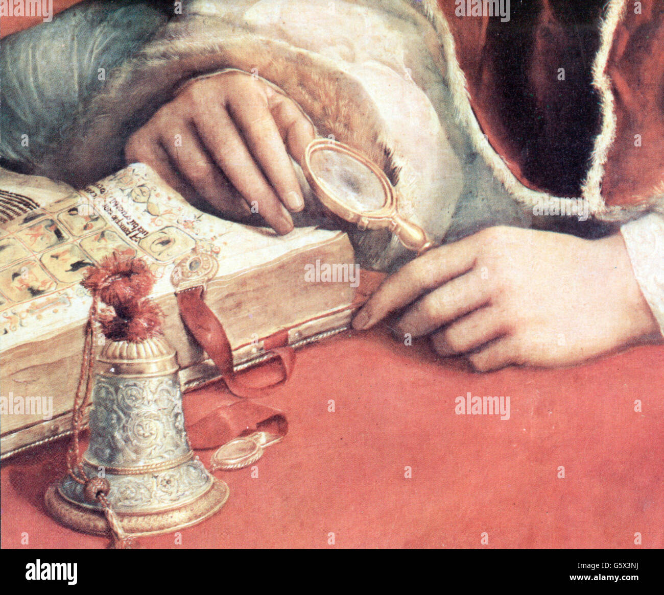 Wissenschaft, Physik, Optik, Werkzeug, Lupe, Detail aus dem Gemälde 'Bild von Papst Leo X. mit den Kardinälen Giulio de Medici und Ludovico de Rossi', um 1517 - 1519, Uffizien, Florenz, zusätzliche-Rechte-Clearenzen-nicht verfügbar Stockfoto