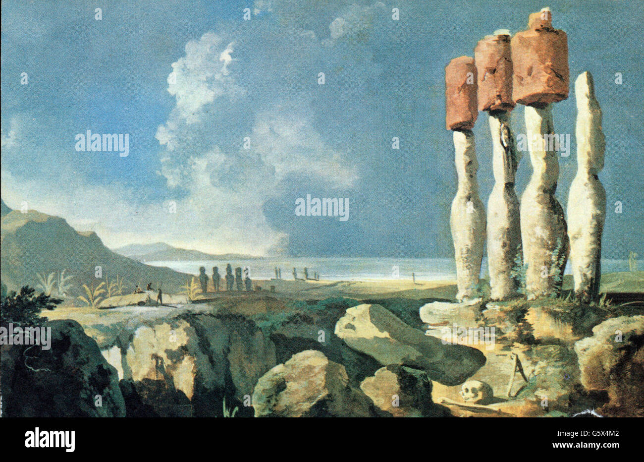 Geographie / Reisen, Chile, Osterinsel, Landschaft mit Moai, Druck nach Malerei von William Hodges, 1774, Zusatz-Rechte-Clearenzen-nicht vorhanden Stockfoto