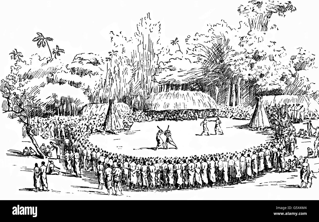 Cook, James, 27.10.1728 - 14.02.1779, englischer Seefahrer und Entdecker, zweite South Sea voyage 1772 - 1775, Besuch in Tonga, Leistung der Duelle zu seinen Ehren, Kupfer Gravur zum Reisebericht, circa 1778, Artist's Urheberrecht nicht gelöscht werden Stockfoto