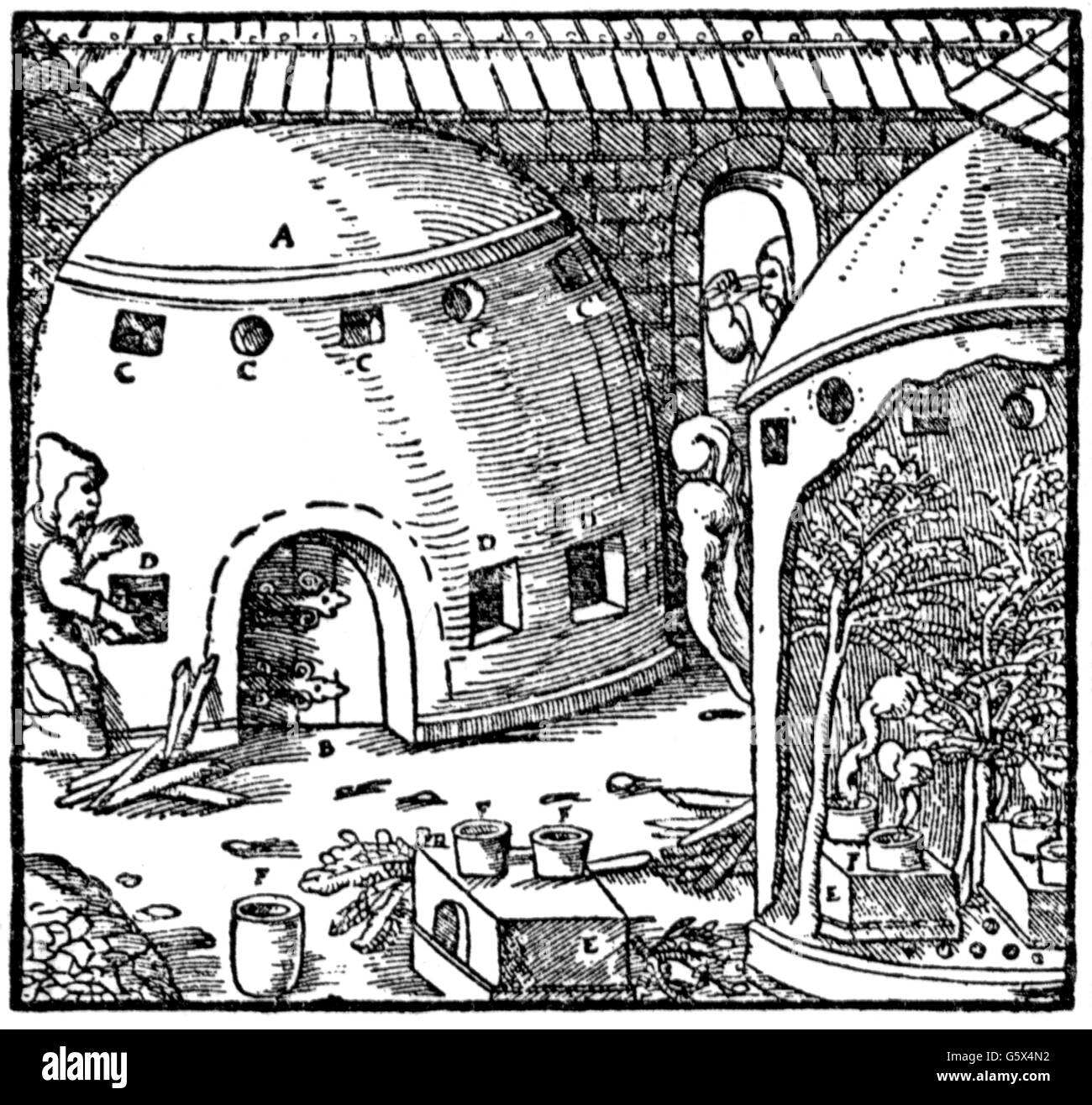 Bergbau, Erzaufbereitung / Metallverarbeitung, Ofen zur Quecksilbergewinnung, Holzschnitt, 1557, Zusatz-Rechte-Clearenzen-nicht vorhanden Stockfoto