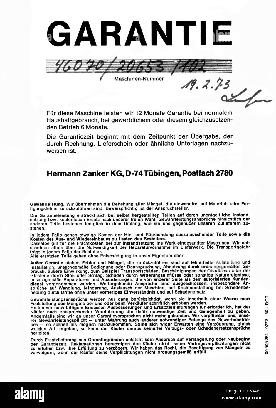 Haushalt, Haushaltsgerät, Garantie für Waschmaschine durch Hermann Zanker KG, Tübingen, ausgestellt am 19.2.1973, Zusatz-Rechteklärung-nicht möglich Stockfoto