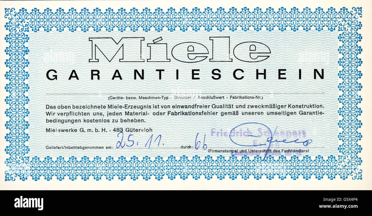 Haushalt, Haushaltsgeräte, Geräteregarantie der Miele & Cie. Kg, ausgestellt von Friedrich Scheepers, Essen, 25.11.1966, zusätzliche-Rechte-Clearenzen-nicht verfügbar Stockfoto