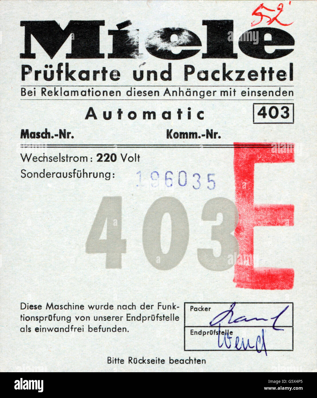 Haushalt, Haushaltsgeräte, Prüfkarte und Packzettel für Waschvollautomaten 403 der Miele & Cie. Kg, 1966, Zusatz-Rechte-Clearenzen-nicht vorhanden Stockfoto
