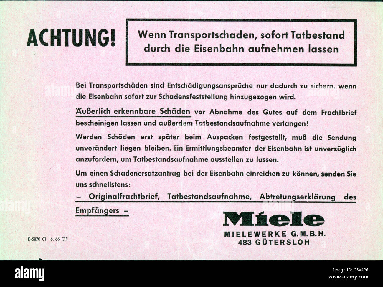 Haushalt, Haushaltsgeräte, Hinweise für Transportschäden an Geräten der Miele & Cie. Kg, 1966, Zusatz-Rechte-Clearenzen-nicht vorhanden Stockfoto