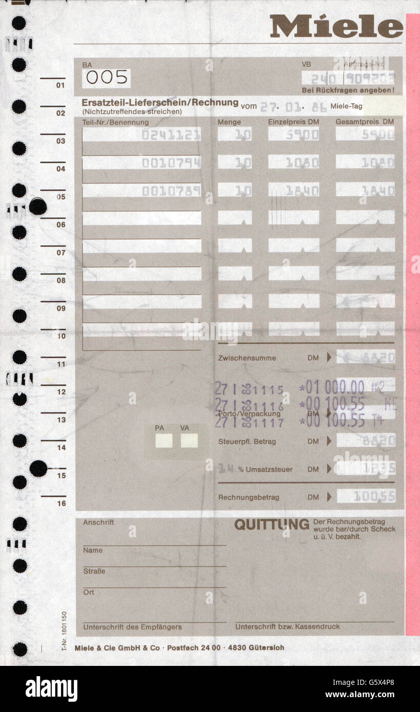 Haushalt, Haushaltsgeräte, Lieferschein und Rechnung für Ersatzteile für Geräte der Miele & Cie. Kg, ausgestellt am 27.1.1986, Zusatz-Rechte-Clearenzen-nicht verfügbar Stockfoto