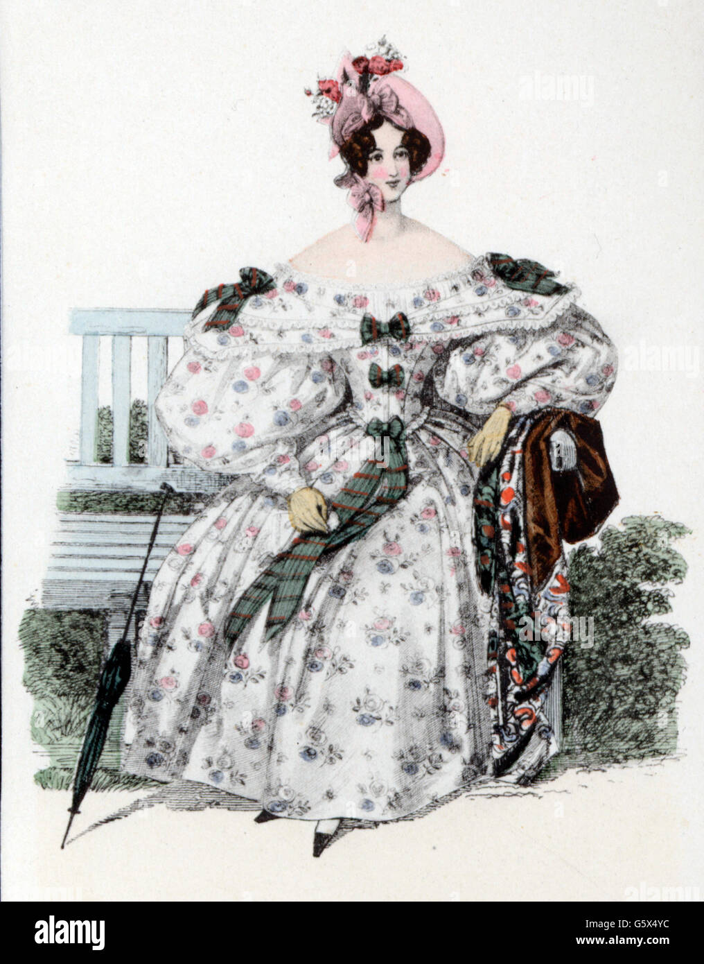 Mode, 19. Jahrhundert, Frau im Kleid mit Hut und Schatten, farbige Gravur, Wien, 1834, Additional-Rights-Clearences-not available Stockfoto