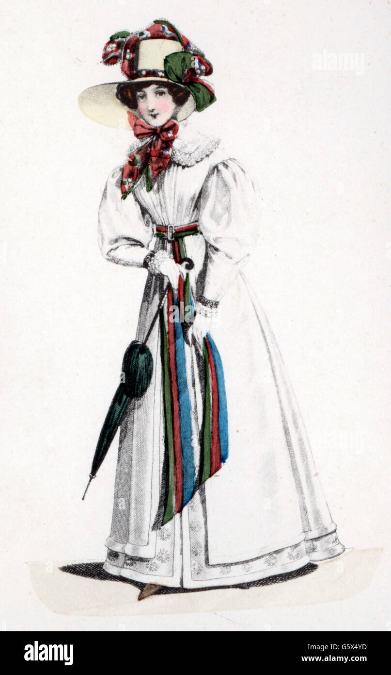 Mode, 19. Jahrhundert, Frau im Kleid mit Hut und Schatten, farbige Gravur, Wien, 1825, Additional-Rights-Clearences-not available Stockfoto