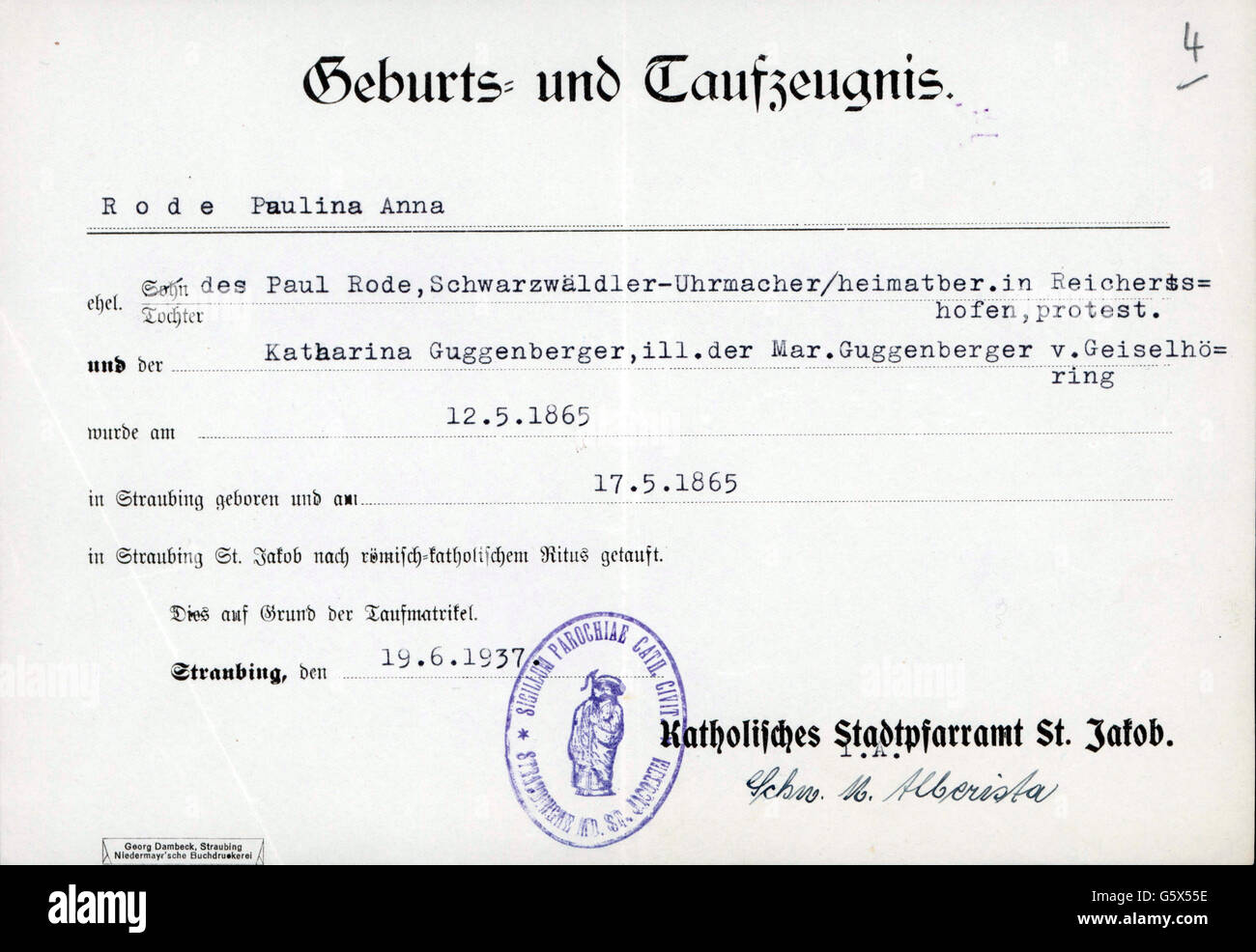 Dokumente,Geburtsurkunde und Taufbescheinigung für Paulina Anna Rode,geboren am 12.5.1865,ausgestellt vom katholischen Stadtpfarhl St. Jakob,Straubing,19.6.1937,19.Jahrhundert,20.Jahrhundert,1930er,30er,30er,30er,Deutschland,Niederbayern,Religion,Religionen,Christentum,Katholizismus,Geburt,Geburten,Geburtsurkunde,Geburtsurkunde,Taufe,Taufbescheinigung,Taufbescheinigungen,Register,Register,Stempel,Stempel,Stempel,Unterschrift,nicht vorhanden,Altstadtrechte,Deutsches Reich,Altstadtrechte,Altstadtrechte,Altstadtrechte,Altstadtaufrechte,Altstadtaufrechte,Altstadtaufrechte,Altstadtaufbescheinigungen,Altstadtaufbescheinigungen, Stockfoto