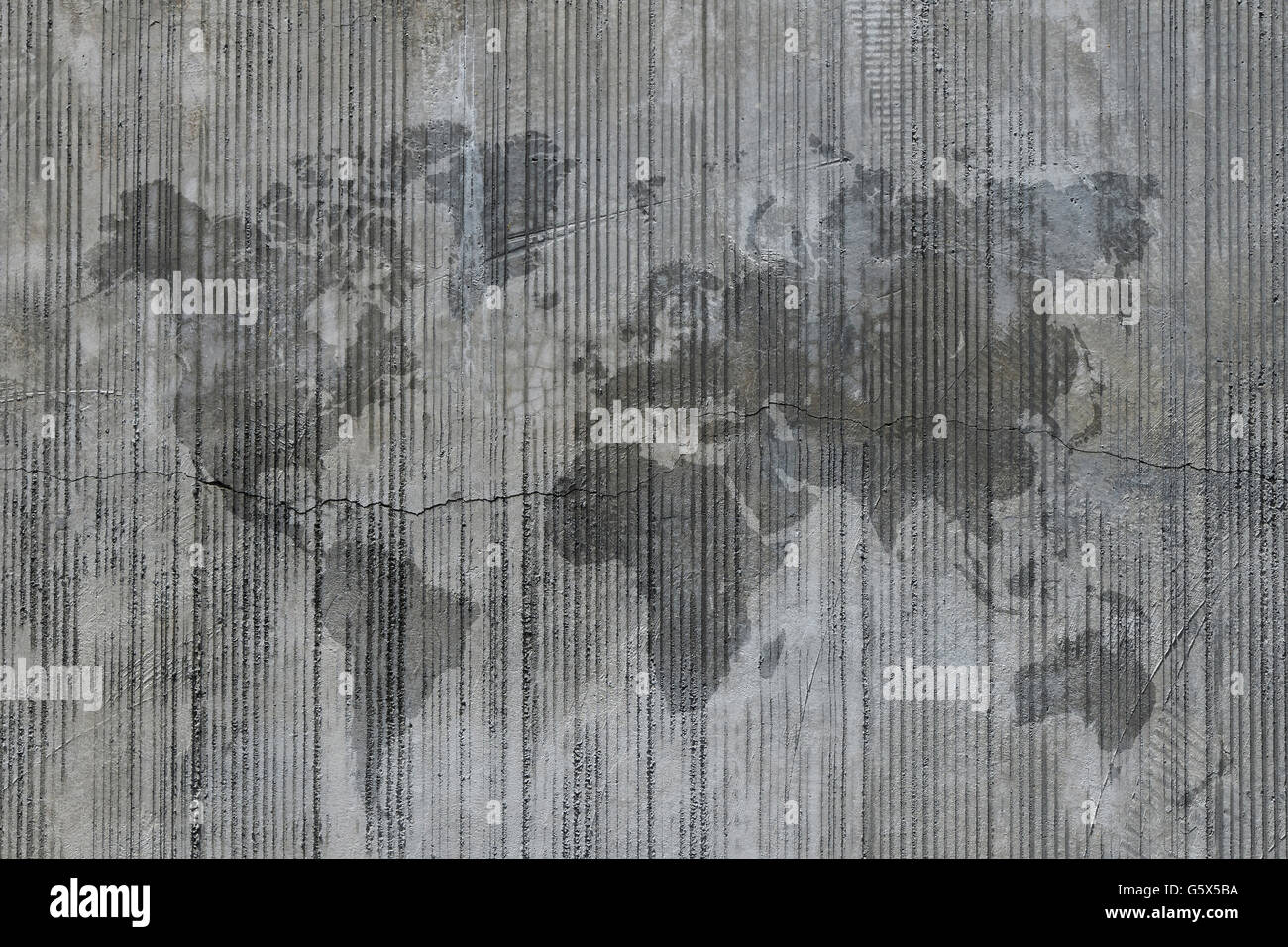 Weltkarte auf Zement Betonwand auf Baustelle, Hintergrundtextur Fleck Stockfoto