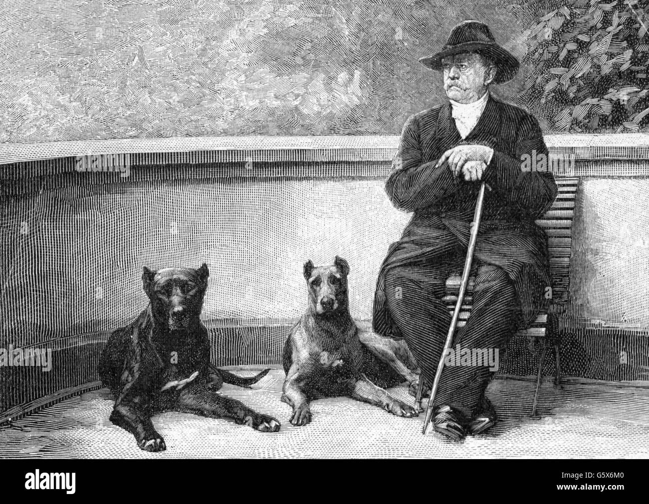 Otto von, Otto von, 1.4.1815 - 30.7.1898, deutscher Politiker, Ruhestand, mit seinen Mastippen in Friedrichsruh, Holzgravur nach Foto vom 6.7.1891, Stockfoto