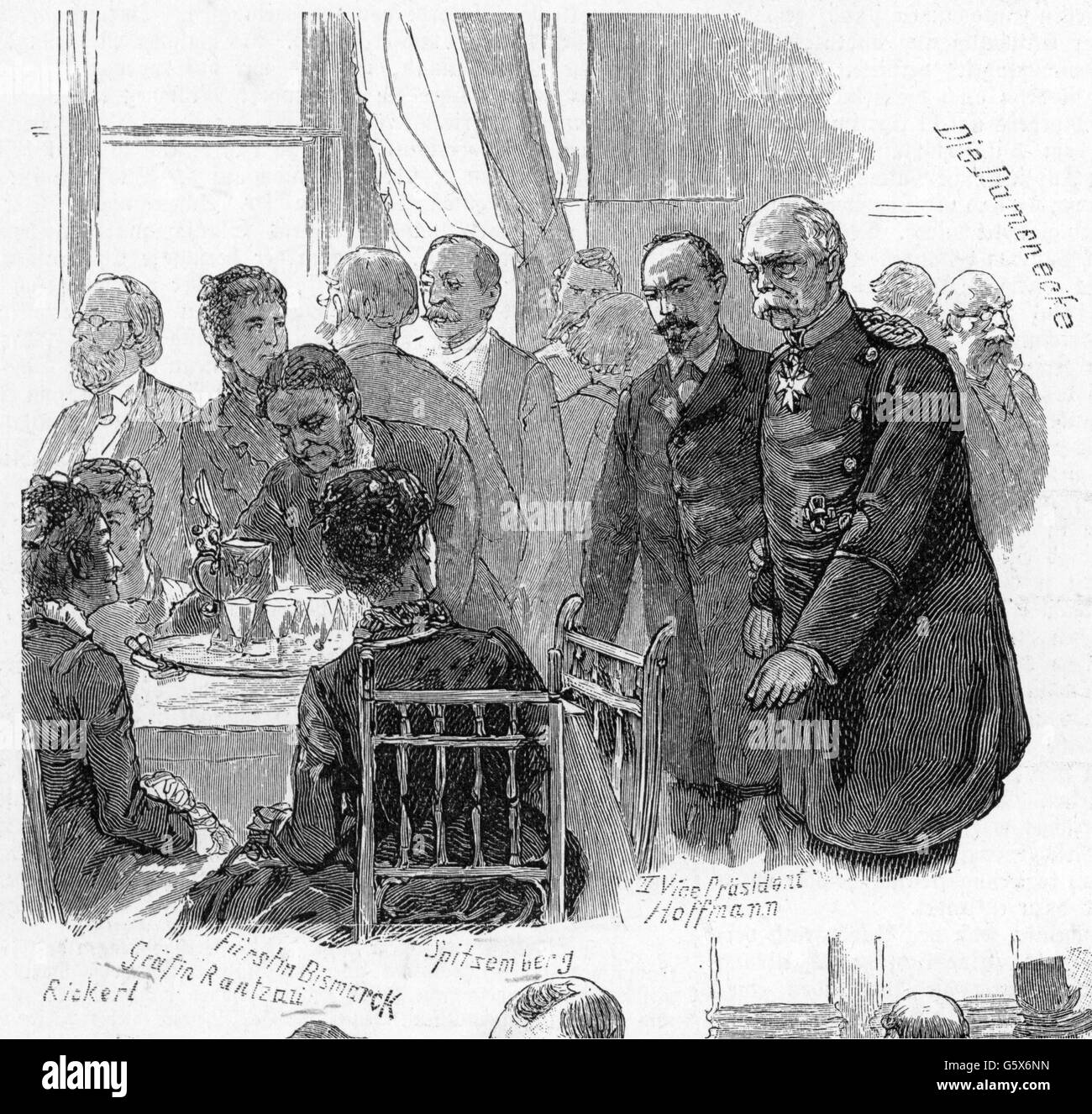 Festlichkeiten, Frühschoppen in der Reichskanzlei, Berlin, 20.6.1884, Reichskanzler Otto von Bismarck begrüßt die Damen, Holzstich nach Zeichnung von E. Henseler, 'über Land und Meer', 1884, Zusatzrechte-Freiräumungen-nicht vorhanden Stockfoto