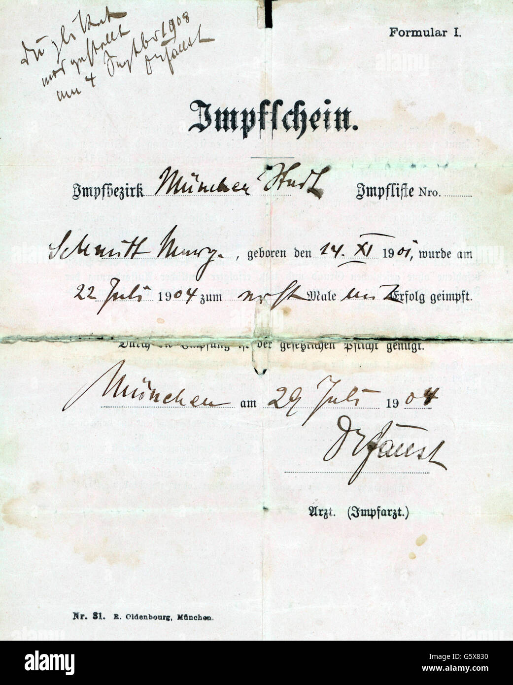 Medizin, Impfung, Impfpass, Impfbezirk München, 22.7.1904, Zusatz-Rechte-Clearenzen-nicht vorhanden Stockfoto
