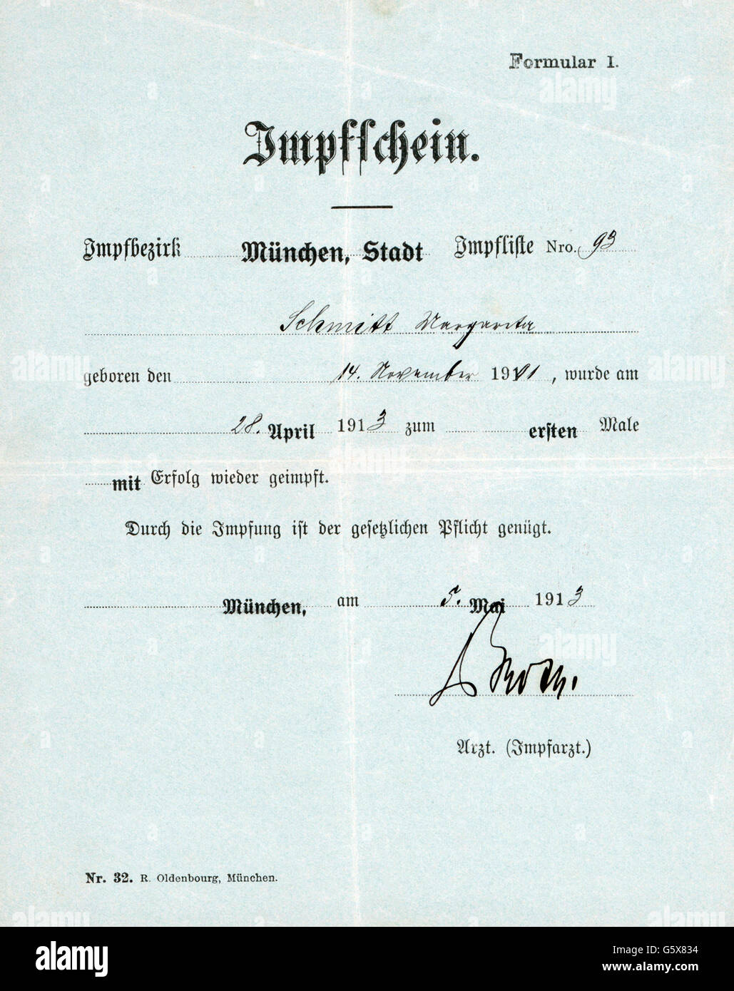 Medizin, Impfung, Impfpass, Impfbezirk München, 5.5.1913, Zusatz-Rechte-Clearenzen-nicht vorhanden Stockfoto