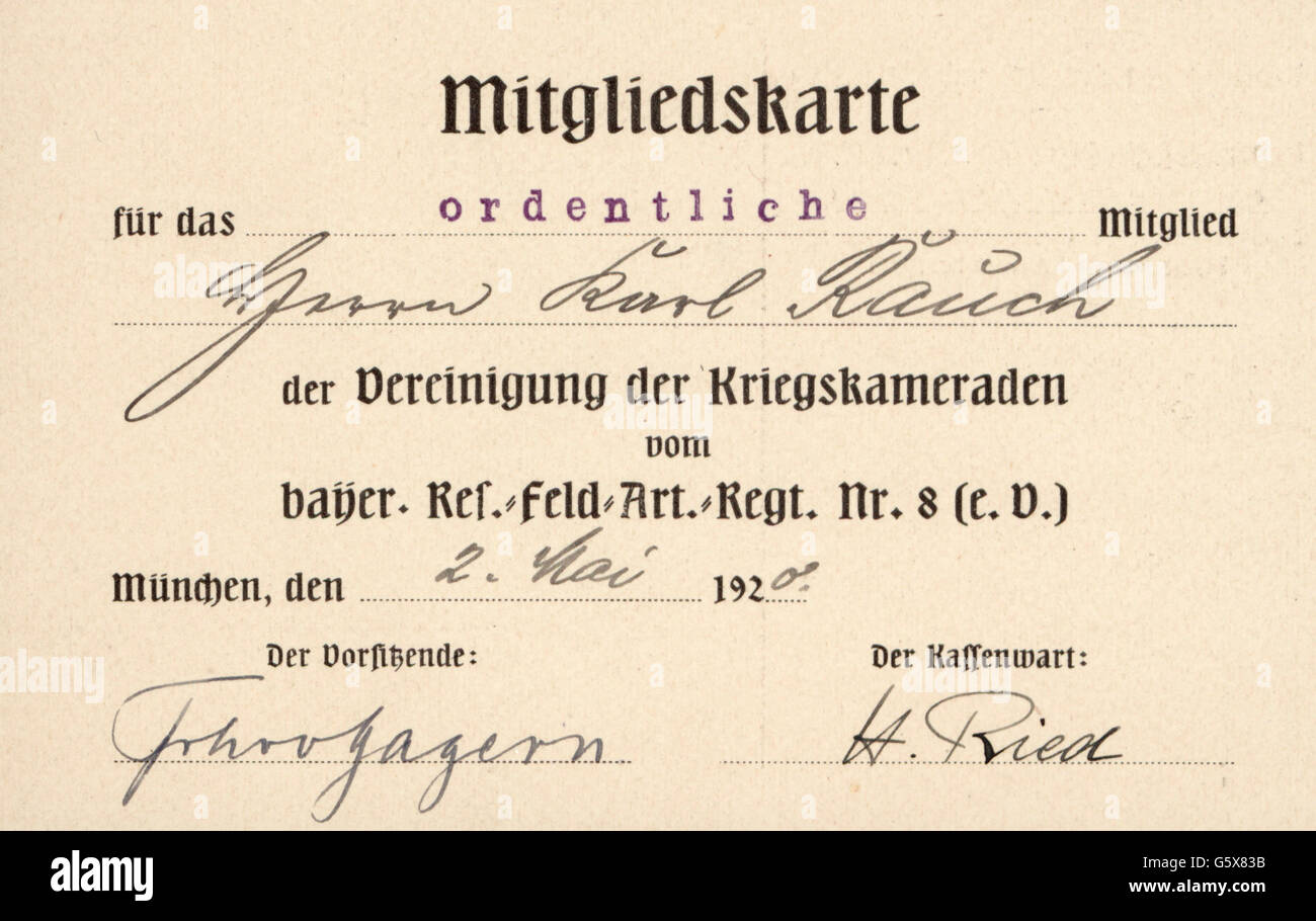 Militär,Deutschland,Bayern,Veteran,Mitgliedskarte des Bundes des Kampfgefährten des Bayerischen Reserve-Artillerieregiments Nr. 8,erstellt für Karl Rauch,München,2.5.1920,Kriegsveteran,Kriegsveteran,Kriegsveteran,Kriegsveteranen,Kriegsveteranen,Ersten Weltkrieg/Ersten Weltkrieg,Mitglied,Mitglieder,Veteranenverein,Veteranenverbände,Organisation,Organisation,Organisationen,Verbände,eingetragener Verein,Veteranenverein,Veteranenverband,Genossenschaftsverband,Kameradschaftsverband,Regimentsverein,Reserve,Reserven,Fiel,Zusatzrechte-Clearences-nicht verfügbar Stockfoto