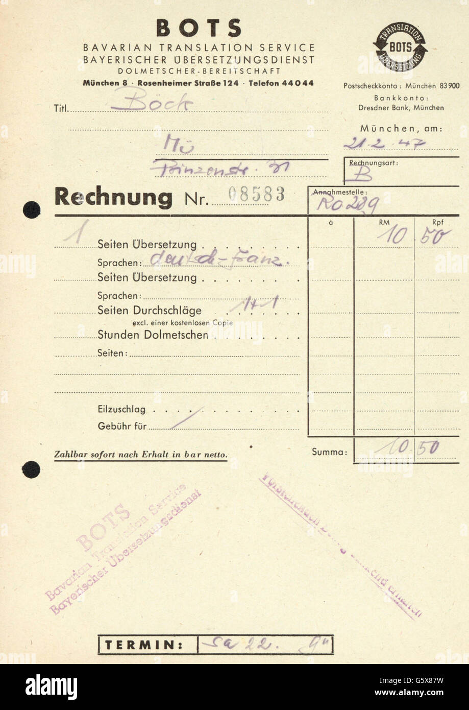 Nachkriegszeit, Entnazifizierung, Korrespondenz, Rechnung des Bayerischen Übersetzungsdienstes (BOTS) an Hans Böck für die Übersetzung eines Briefes aus dem Deutschen ins Französische, München, 24.2.1947, Zusatzrechte-Clearences-nicht verfügbar Stockfoto