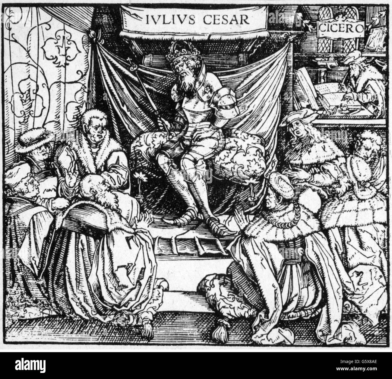 Cäsar, Caius Julius, 13.7.100 - 15.3.44 v. Chr., römischer Politiker, volle Länge, Diktator 49 und 47 - 44 v. Chr., umgeben von städtischen Behörden, Holzschnitt, "de officiis" von Marcus Tullius Cicero (rechts oben), Augsburg, 1531, Stockfoto