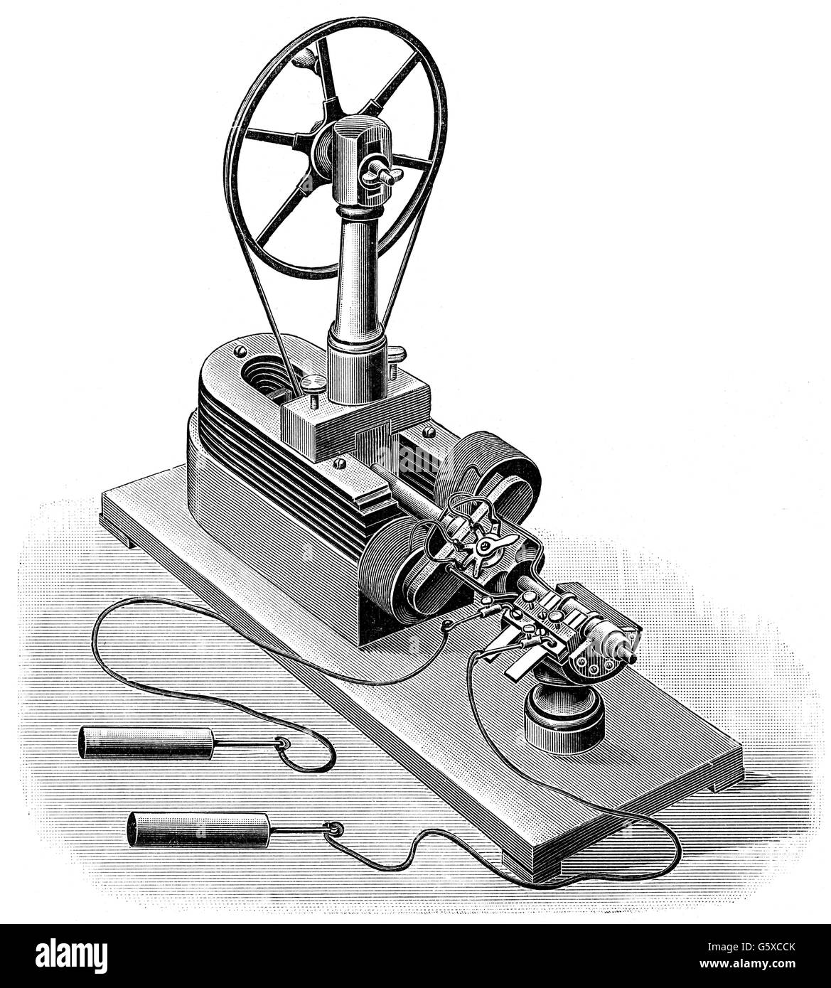 Energie, Elektrizität, Elektromagnetische Maschine, erfunden von Emil Stöhrer (1813 - 1890), Holzstich, Ende 19. Jahrhundert, 19. Jahrhundert, Maschine, Maschinen, Erfindung, Erfindungen, elektrische Energie, Stromerzeugung, Stromerzeugung, Stromerzeugung, Generatoren, elektrischer Generator, elektrischer Stromerzeuger, Dynamo, Dynamos, Magnet, Magnete, historisch, historisch, Additional-Rights-Clearences-not available Stockfoto