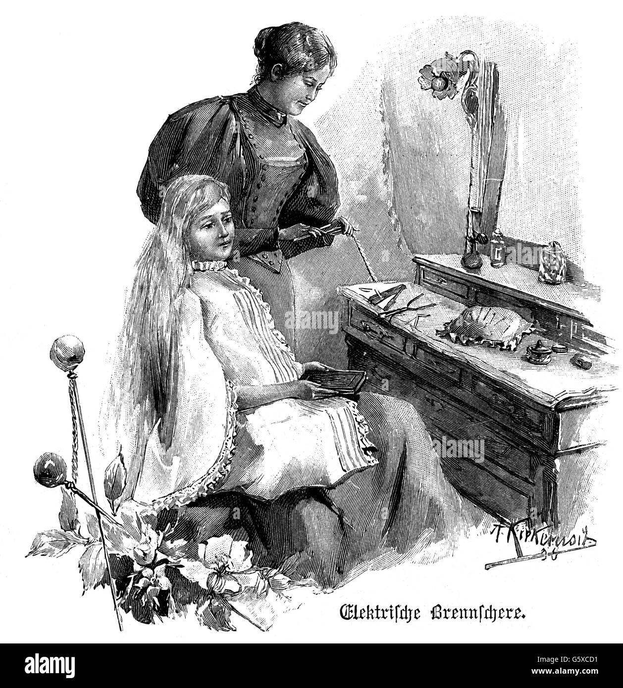 Energie, Elektrizität, Eisstockschießen, Holzstich, von A. Kiekebusch, 1896, Zusatz-Rights-Clearences-not available Stockfoto