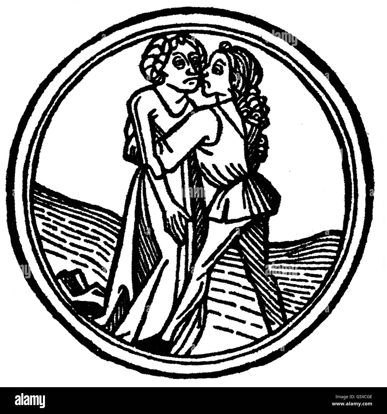 Personen, Paare, Liebhaber, Kalender des Johannes von Gmunden, Detail, Holzschnitt, um 1470, Zusatz-Rechte-Clearenzen-nicht vorhanden Stockfoto