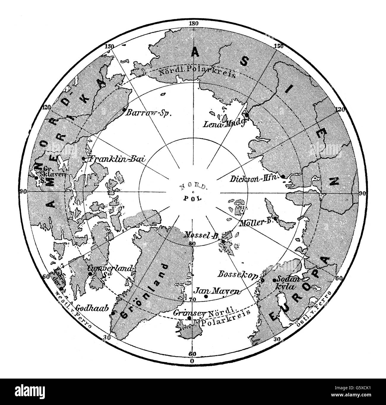 Kartographie, Karte, Arktis, Stationen der internationalen Polarforschung, Holzstich, 24.6.1882, Zusatzrechte-Freilichtungen-nicht vorhanden Stockfoto