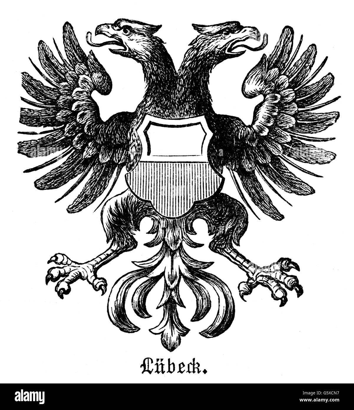 Heraldik, Wappen, Deutschland, Staatswappen der Freien Stadt Lübeck, Holzstich, 1872, Zusatz-Rechte-Freilichtungen-nicht vorhanden Stockfoto