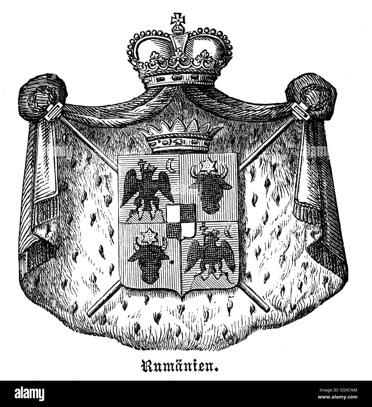 Heraldik, Wappen, Rumänien, Staatswappen des Fürstentums Rumänien, Holzstich, 1872, Zusatz-Rechte-Clearenzen-nicht vorhanden Stockfoto