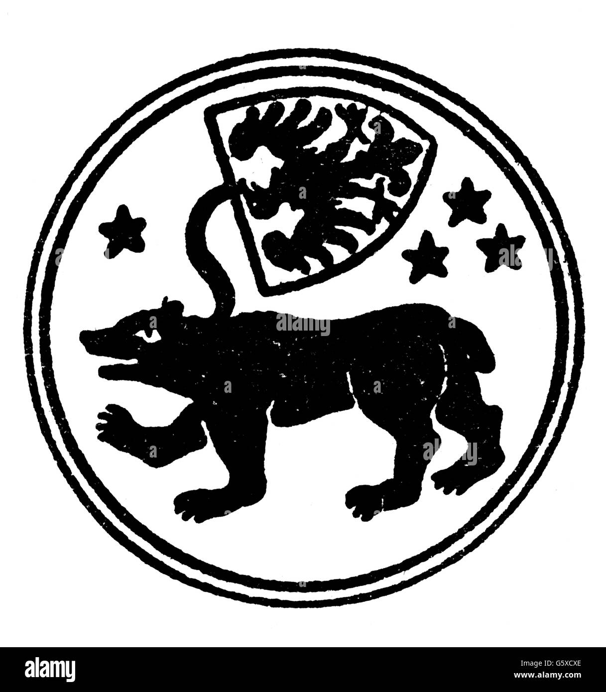 Heraldik, Wappen, Deutschland, Stadtwappen, Berlin, 14. Jahrhundert, Holzstich, Ende 19. Jahrhundert, Mittelalter, Adler, Bär, Markgrafschaft Brandenburg, Heiliges Römisches Reich, Mitteleuropa, historisch, historisch, mittelalterlich, Zusatzrechte-Clearences-nicht vorhanden Stockfoto